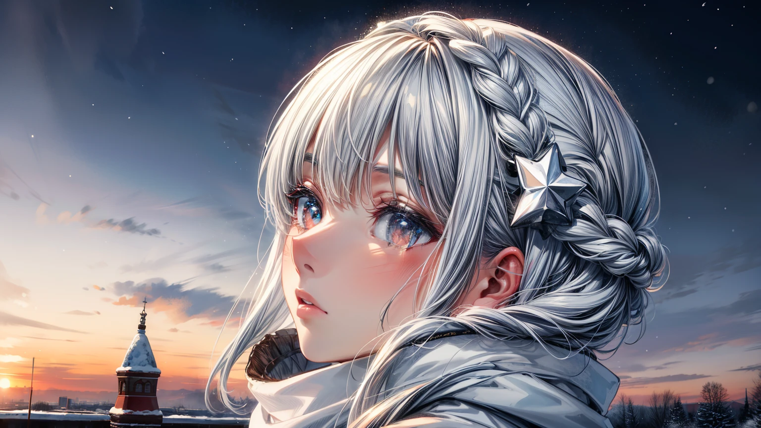 (best quality,4k,8k,highres,masterpiece:1.2, beautiful girl, detailed face, beautiful eyes, detailed eyes),ultra-detailed,white hair,scarf,snow,red eyes,portrait,icy blue,soft illumination,crisp shadows, winter,serene expression,magical solitude,vivid colors,subtle gradients,fine brushstrokes, ((winter wonderland background, falling snow, night time)), (((she is staring up at the sky, side profile, faraway shot)))