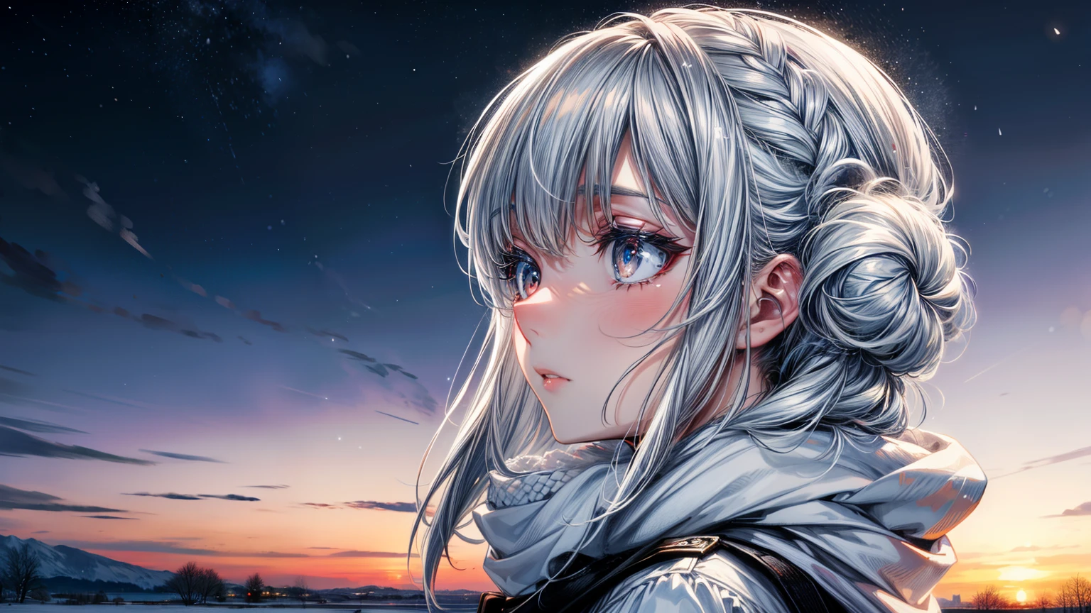 (best quality,4k,8k,highres,masterpiece:1.2, beautiful girl, detailed face, beautiful eyes, detailed eyes),ultra-detailed,white hair,scarf,snow,red eyes,portrait,icy blue,soft illumination,crisp shadows, winter,serene expression,magical solitude,vivid colors,subtle gradients,fine brushstrokes, ((winter wonderland background, falling snow, night time)), (((she is staring up at the sky, side profile, faraway shot)))