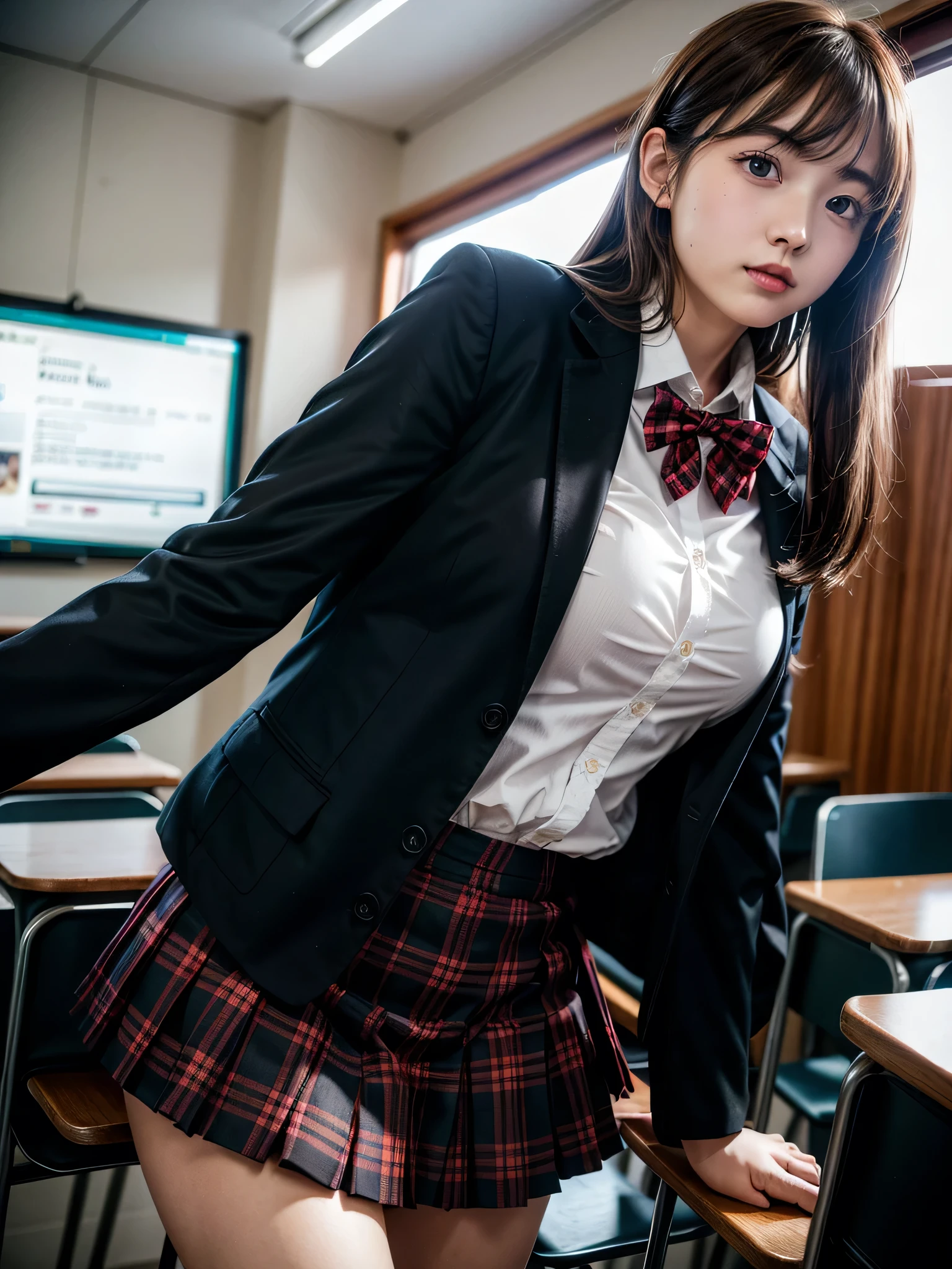 Panties Small、classroom、((Embarrassing))、1girl, brown hair, long hair, bangs, brown eyes, medium breasts, red bowtie, school uniform, black jacket, open jacket, brown cardigan, white shirt, black skirt, plaid skirt, high school girl