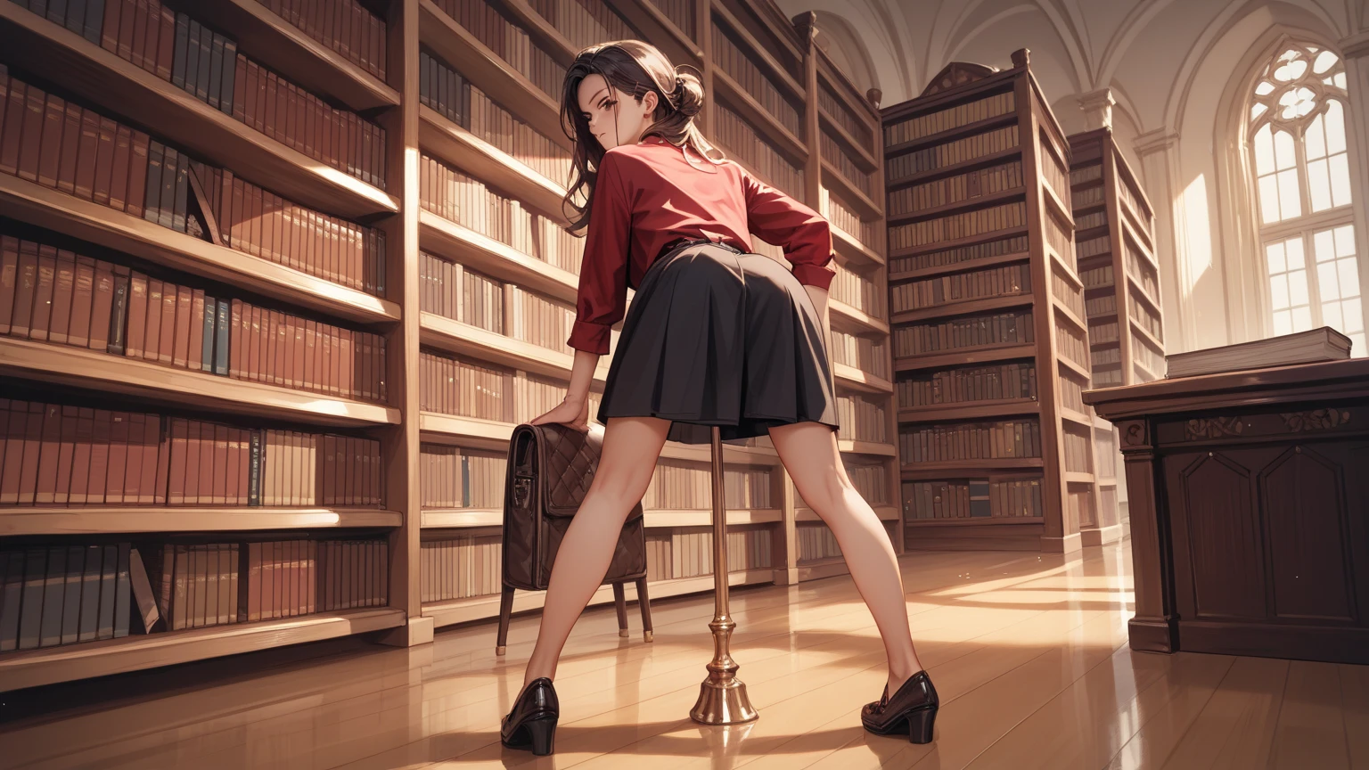 rating_safe, score_9, score_8_up, score_7_up, source_anime, masterpiece, best quality, solo, 1girl, (she is wearing dark red shirt, black planties), (she stands with leaning forward, looking back, view from behind), library,, 