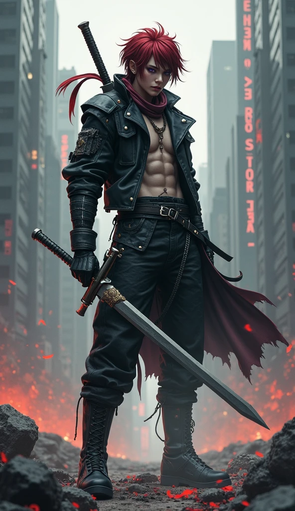 Guy with long white hair, in an unbuttoned leather jacket. Where the press is visible. With a smile with sharp teeth, in black boots and leather pants. In his hand with a huge sword and chainsaw. anime style