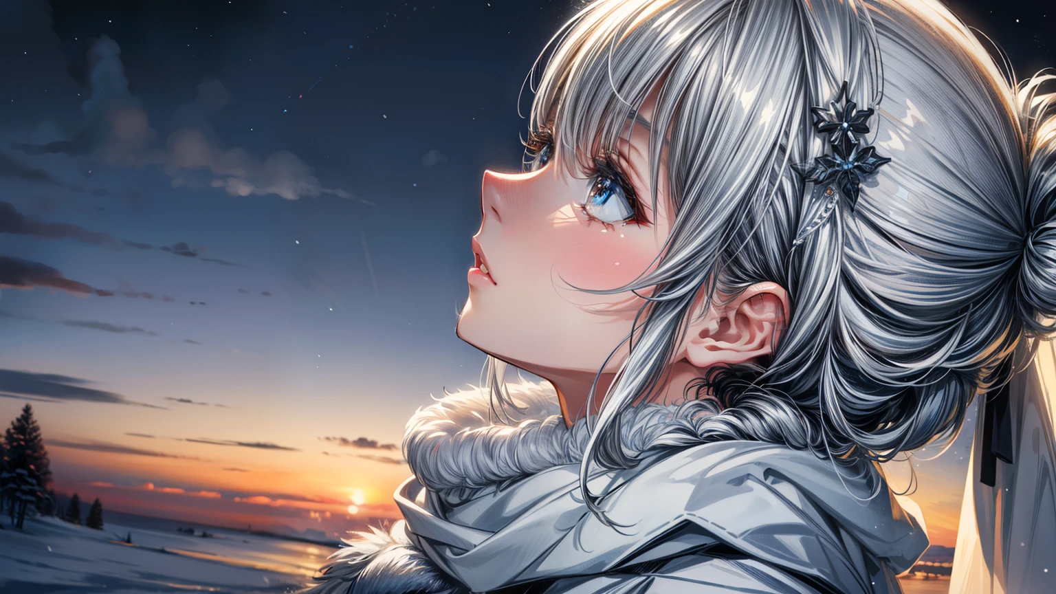 (best quality,4k,8k,highres,masterpiece:1.2, beautiful girl, detailed face, beautiful eyes, detailed eyes),ultra-detailed,white hair,scarf,snow,portrait,icy blue,soft illumination,crisp shadows, winter,serene expression,magical solitude,vivid colors,subtle gradients,fine brushstrokes, ((winter wonderland background, falling snow, night time)), (((she is staring up at the sky, side profile, faraway shot)))