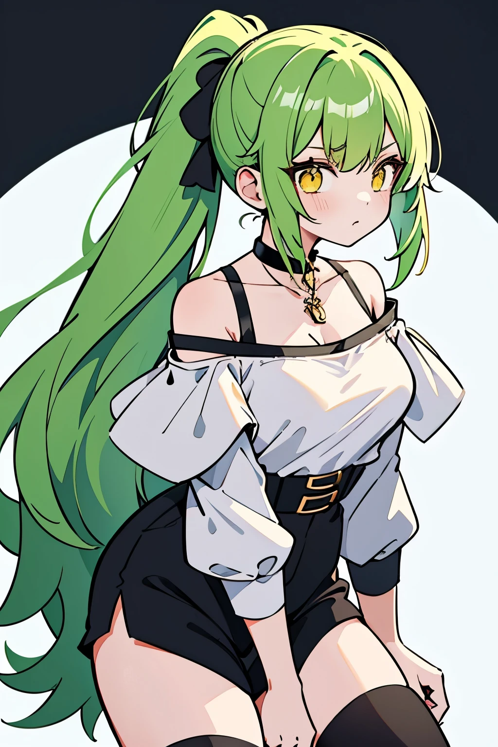 "Anime-style young girl with long green hair tied in a high ponytail, wearing a white off-shoulder blouse with black straps, black high-waisted shorts, and white thigh-high stockings. She has yellow eyes and is wearing black sneakers with green accents. Accessories include a black choker and a necklace with a pendant.  White back ground.”