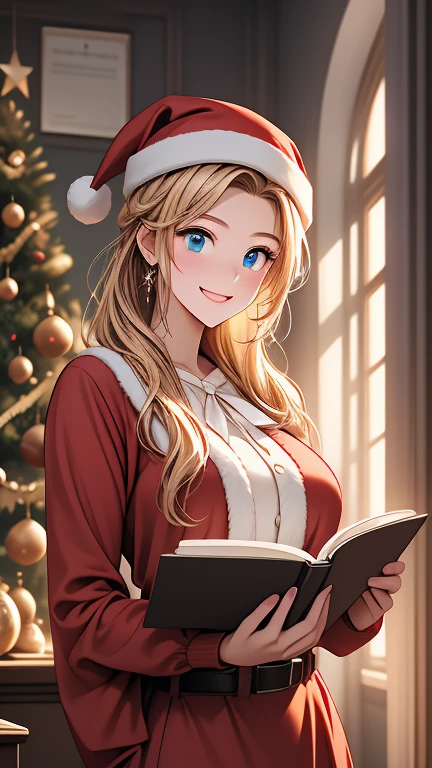  Christmas winter scenery   ，   christmas illustration，masterpiece、   high definition     ， top quality， 8ｋ，Detailed explanation  ， extremely detailed face， cute face,  beautiful face，  beautiful womanの一人  、２8 years old、  school teacher    、 blonde alone   、  blue eyes、  sexy Santa Claus costume、    school classroom、    happy face 、    blackboard    、smile、((    cowboy shot leading to the climax  ))、((   beautiful woman))