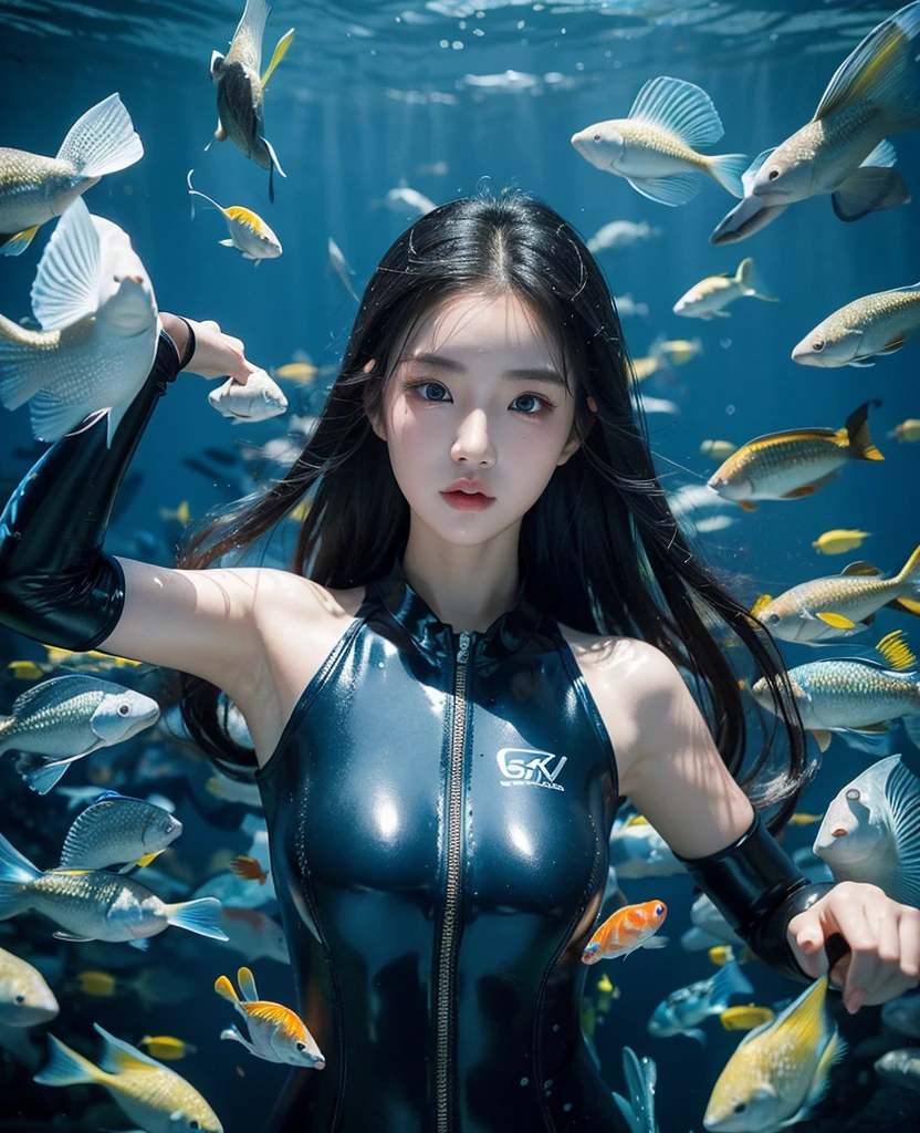 alone, Deep sea, reefs, Freediving, White wetsuit, Night diving, moon, zero gravity, ((best quality, 8K, masterpiece: 1.3)), low angle, backlight, a woman, long hair, crawl, Underwater photography, Underwater perspective, Underwater perspective, Floating underwater, sleeveless