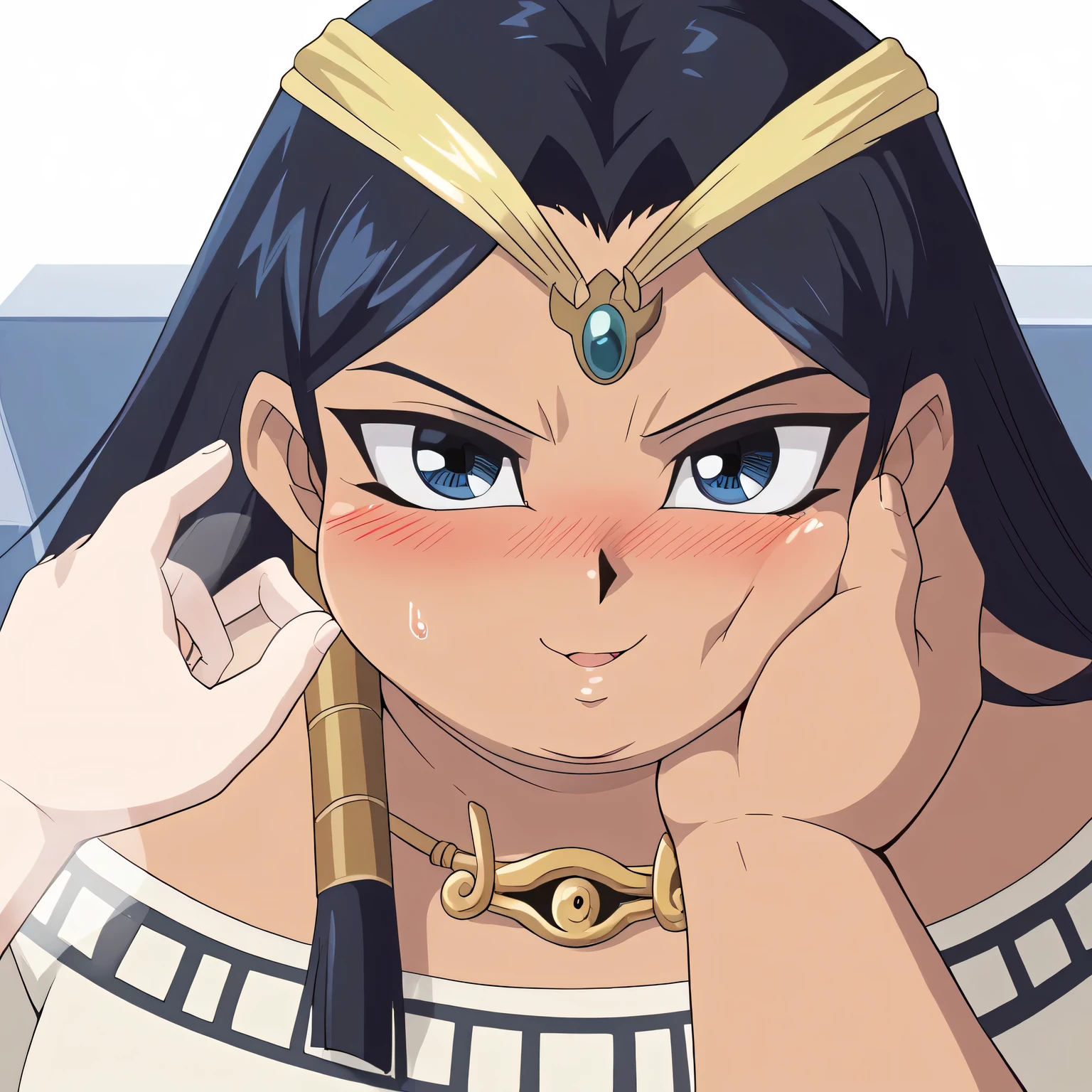 II, 1girl, solo, retro artstyle, black hair, blue eyes, hair tubes, off shoulder robe, eye of horus necklace, circlet, portrait, looking at viewer, from side, smile, swollen face, fat, chubby, obese, open mouth, out of breath, absurdres, highres icon, rating:General, confused, blush, {flustered}, nervous sweating, portrait, pov hands, hand on another's cheek, averting eyes, [looking away], straight-on, from above,  upper body, masterpiece, best quality, ultra-detailed, high resolution, 8K, 