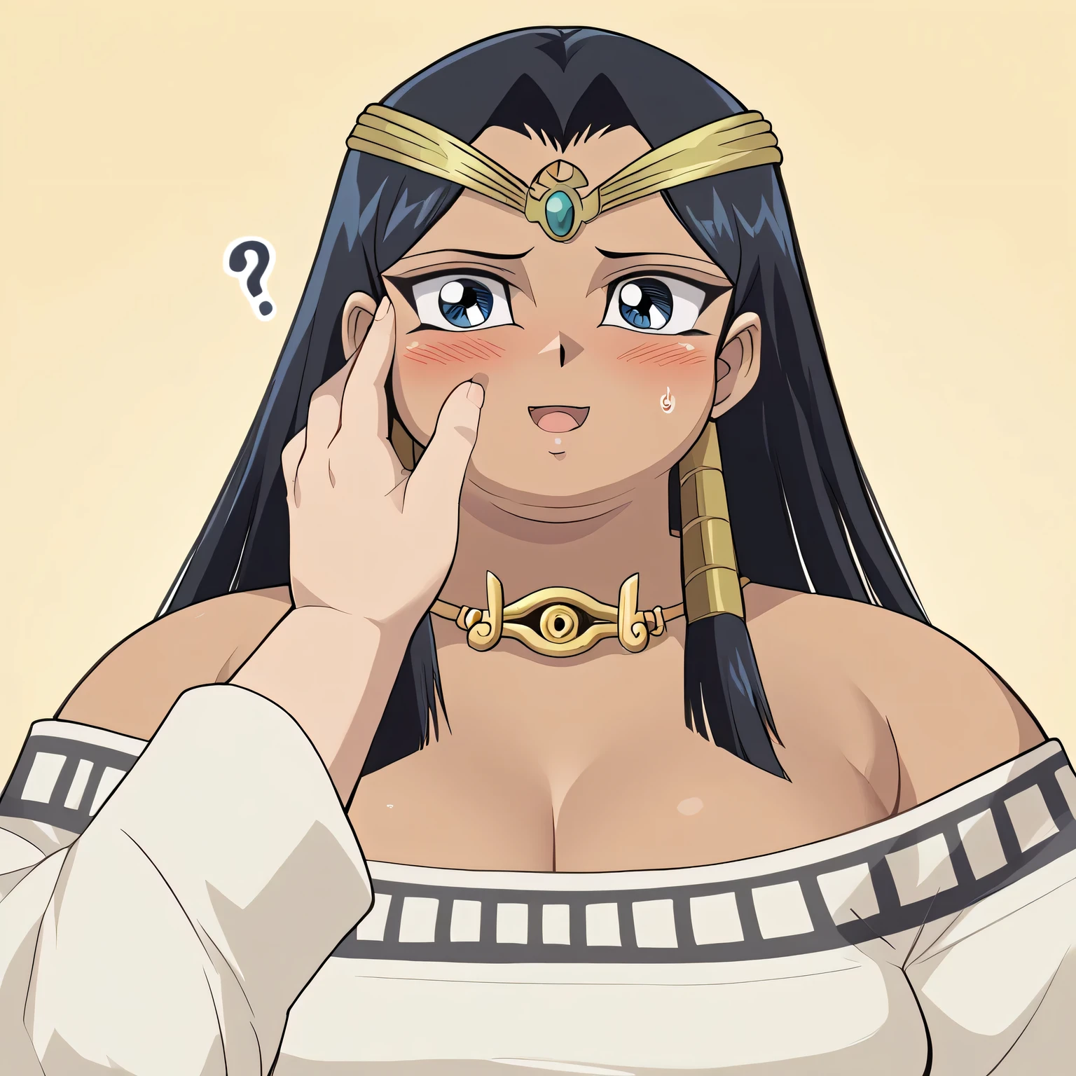 II, 1girl, solo, retro artstyle, black hair, blue eyes, hair tubes, off shoulder robe, eye of horus necklace, circlet, portrait, looking at viewer,  smile, swollen face, fat, chubby, obese, open mouth, out of breath, absurdres, highres icon, rating:General, confused, blush, {flustered}, nervous sweating, portrait, pov hands, hand on another's cheek, averting eyes, [looking away], straight-on, from below,  upper body, masterpiece, best quality, ultra-detailed, high resolution, 8K, 