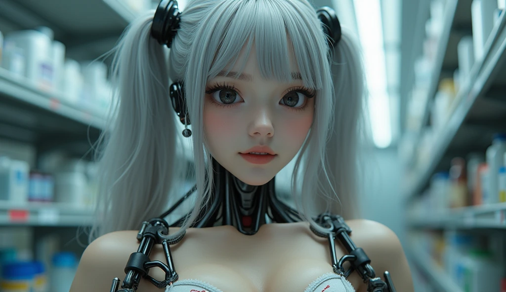 Beautiful Face,face is Japan, 1 Woman, Big, Curvaceous, Top Quality, Masterpiece, Ultra Detailed, (Blood vessel attached to tube)(Bikini Cyborg Robot Parts)))), (Light Grey Hair), Long Hair, Wavy Hair, Twin Tails, Medium Shot, (((Seductive Smile)), (Black Eyes), Princess Cut, (Cowboy Shot),Squatting, Spread your legs, in the lab, ( Blood vessels connected to tubes), (( Mechanical vertebrae attached to the back)),((Mechanical neck attached to the neck)),(Wires and cables attached to the head and body: 1.5),(Character focus),Science fiction,