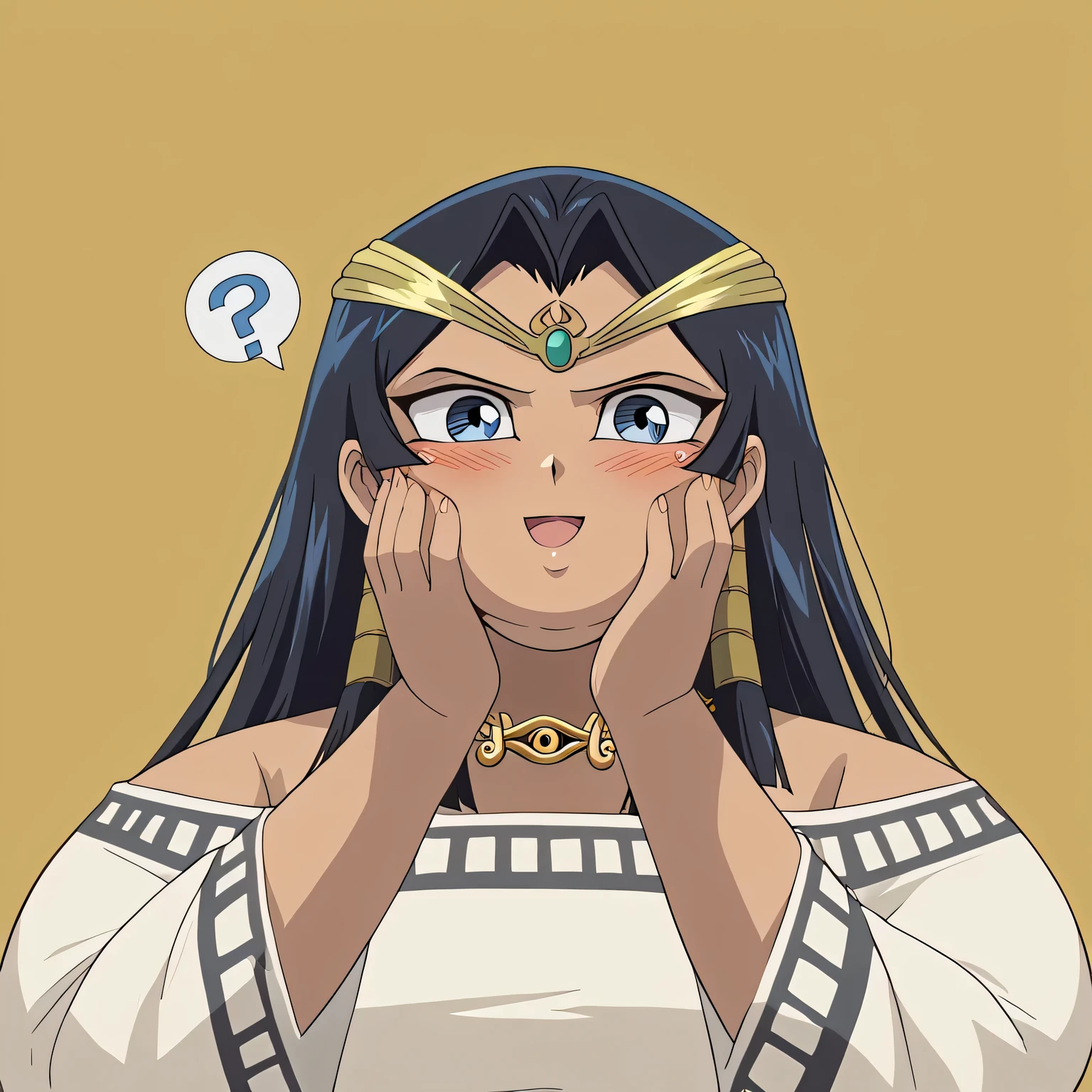 II, 1girl, solo, retro artstyle, black hair, blue eyes, hair tubes, off shoulder robe, eye of horus necklace, circlet, portrait, looking at viewer,  smile, swollen face, fat, chubby, obese, open mouth, out of breath, absurdres, highres icon, rating:General, confused, blush, {flustered}, nervous sweating, portrait, hand on another's cheek, averting eyes, [looking away], straight-on, from below,  upper body, masterpiece, best quality, ultra-detailed, high resolution, 8K, full body shot