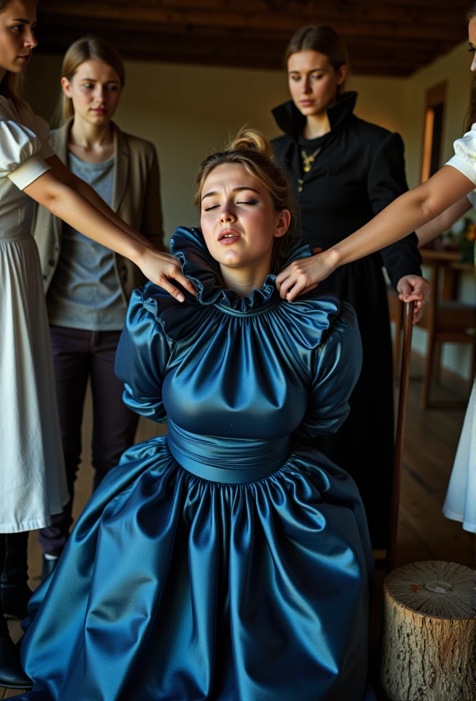 (realistic photograph close up sideways NSFW), (a pleased beautiful European orgasm++ lady with (messy hair bun), she is wearing (an elaborate big shiny blue silk gown with (long gigantic puff sleeves), (and an ultra high narrow stand-up collar with a gigantic ruffle on top of the collar), (she has her hands behind her back)++++, (two happy females are grabbing her and force her bent down with her head over a large wooden stump on the floor), (she looks at you), (another female executioner holds a big axe with a shiny 12 inch blade in front of her)