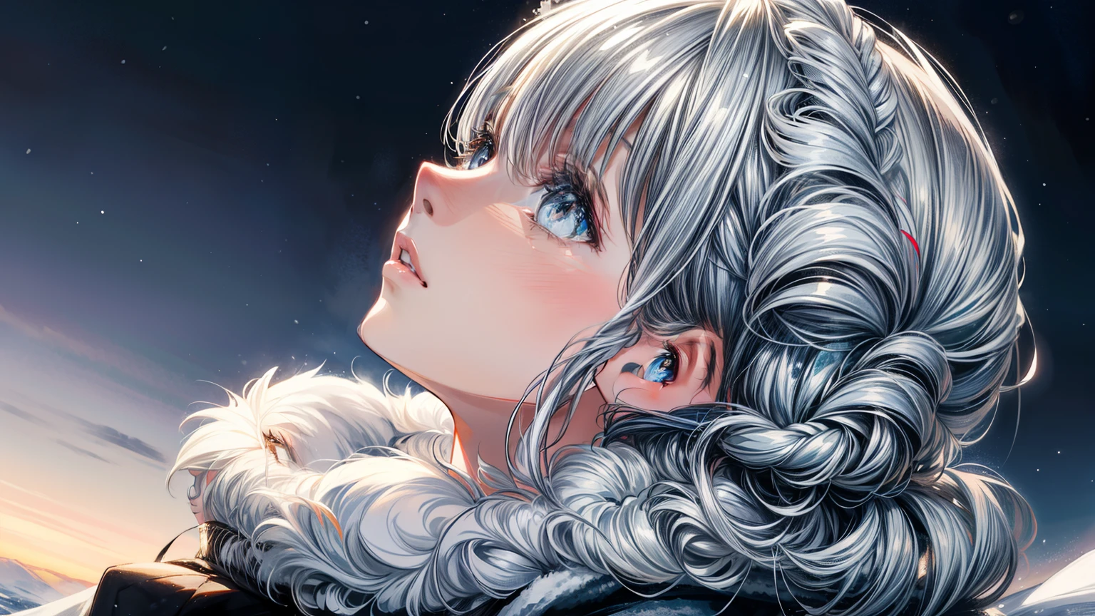 (best quality,4k,8k,highres,masterpiece:1.2, beautiful girl, detailed face, beautiful eyes, detailed eyes),ultra-detailed,white hair,scarf,snow,portrait,icy blue,soft illumination,crisp shadows, winter,serene expression,magical solitude,vivid colors,subtle gradients,fine brushstrokes, ((winter wonderland background, falling snow, night time)), (((she is staring up at the sky, side profile, faraway shot)))