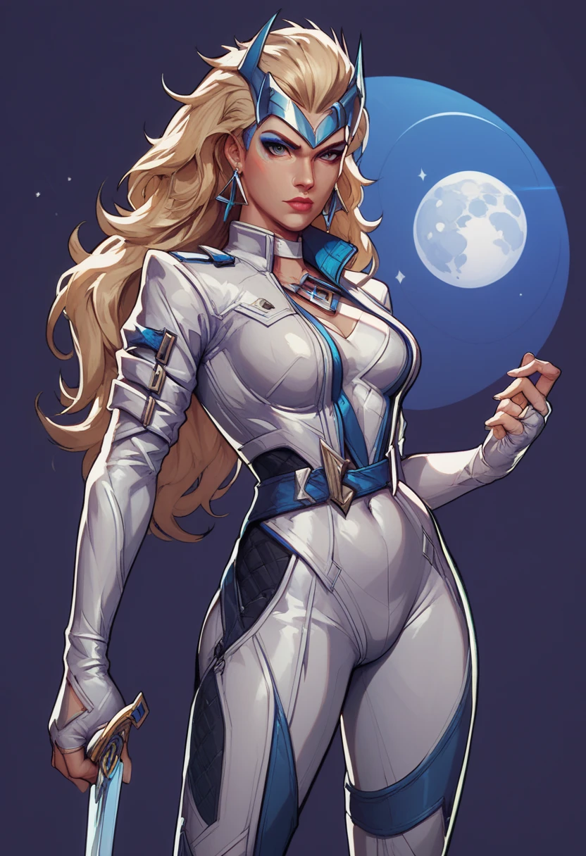 score_9, score_8_up, score_7_up, score_6_up, expressiveh, dagger_rivals, 1girl, solo, cowboy shot, blonde hair, long hair, eyeliner, blue eyes, moon mark, earrings, from front, cropped jacket, bodysuit, white bodysuit, white clothes, fingerless gloves, blue details, looking at viewer, purple background, geometric shapes,
