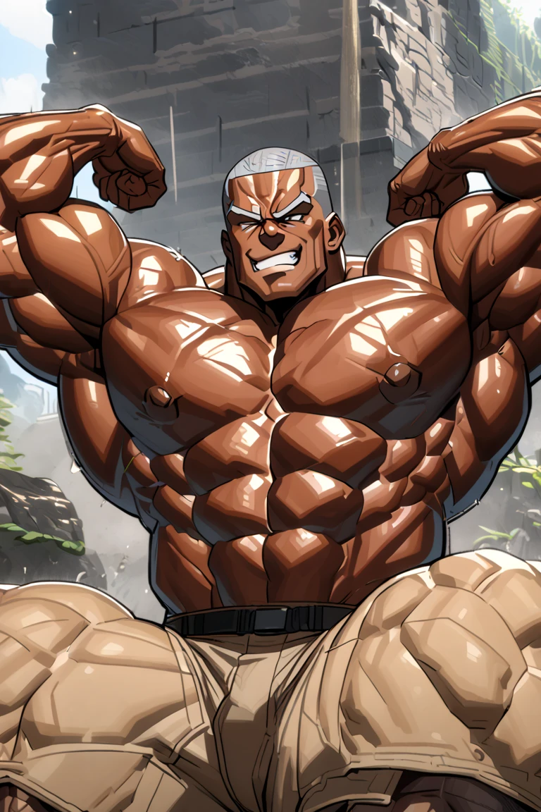 A huge cocky muscular military man, proudly showing off his muscles in a double bicep pose, tanned skin, incredible muscle, big pecs, buzzcut, grey hair with white streak, Rugged face, 