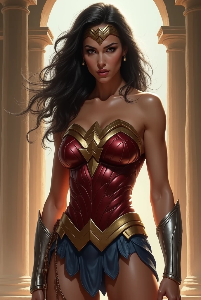 Art image of Megan Fox as Wonder Woman, busty, beautiful, black hair, large breasts, ancient Athens background, by Louis Royo, Boris Vallejo, Frank Frazetta, extreme focus, sharp details, sexy, cleavage, oily skin, sexy, naughty