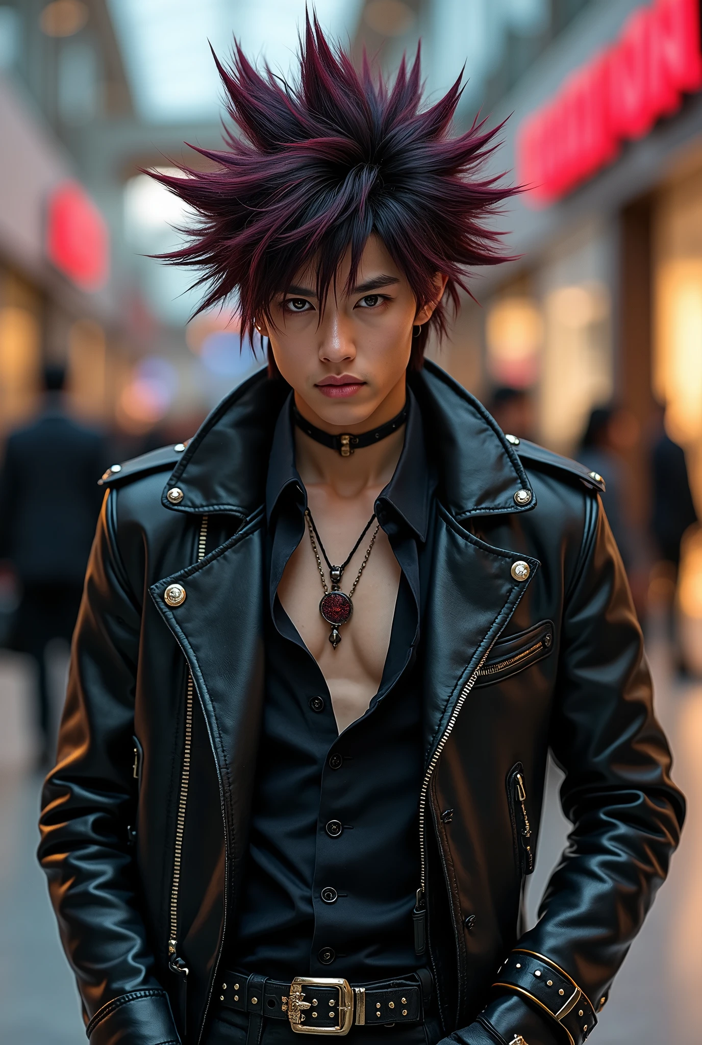 (masterpiece:1.4), (best quality:1.4), ultra high res, ultra high resolution, ((ultra detailed facial features)), HDR, (realistic, photorealistic, photo-realistic:1.37), (1 man), full body Esbian, ((sexy Japanese male)), (-anime), vivid colors, ((vivid colors multicolor (Visual Kei style spikes very short hair))), (happy smile), ultra detailed punk makeup, bold lipstick, long lashes, defined eyebrows, wearing large Visual Kei jewelery, wearing a Visual Kei cosplay, ((vivid Visual Kei outfit)), (layered clothing), choker, rings, bracelets, piercings, look at the camera, cinematic light, rockstar festival stage background with multicolor lights, sweet and sexy pose