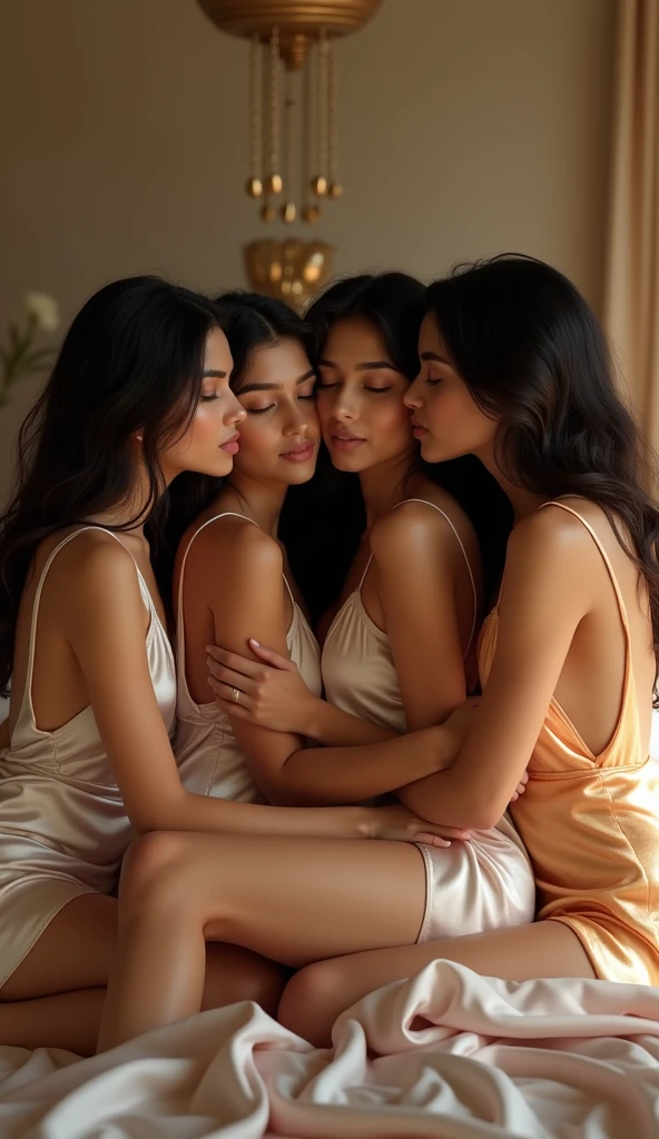 4d medium chubby indian women im black paavada and blouse, lying bed with 5 man trying to kiss