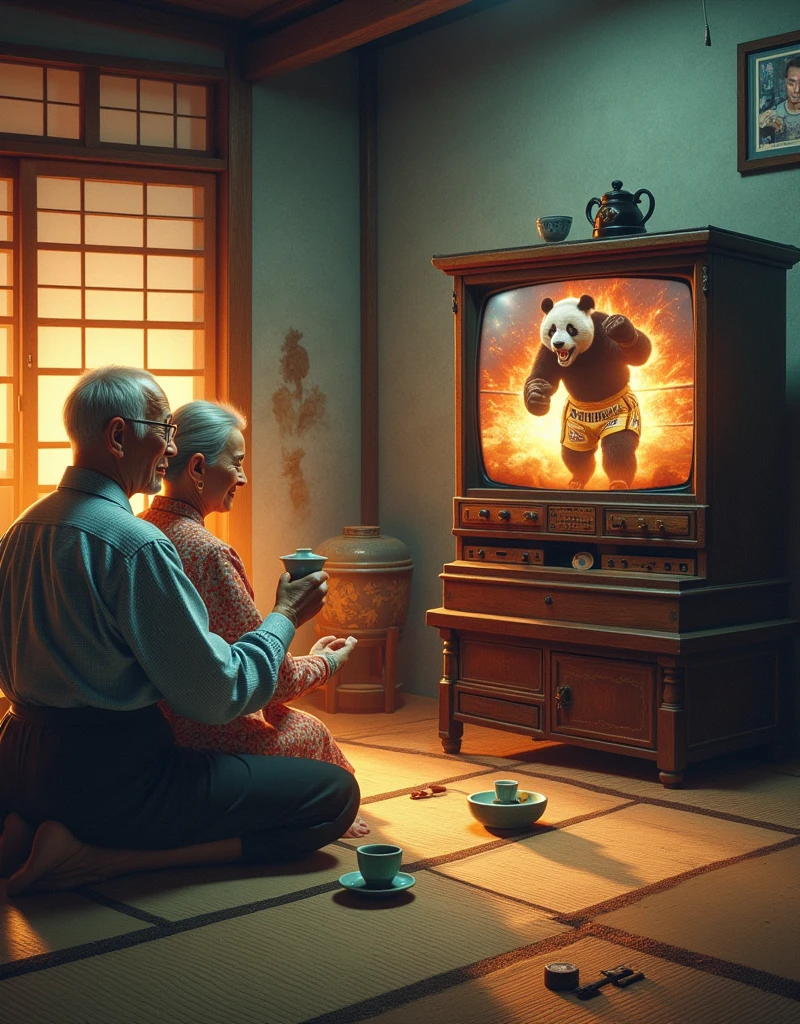 ultra-realistic, photorealistic, dramatic scene, shadow, global-illumination, solo, (An elderly Japanese couple is sitting in a Japanese-style room drinking green tea), Japanese tatami floor, the large old TV displays\(Muay Thai fighter vs. terrifying man-eating panda\), professional lighting, peaceful day,