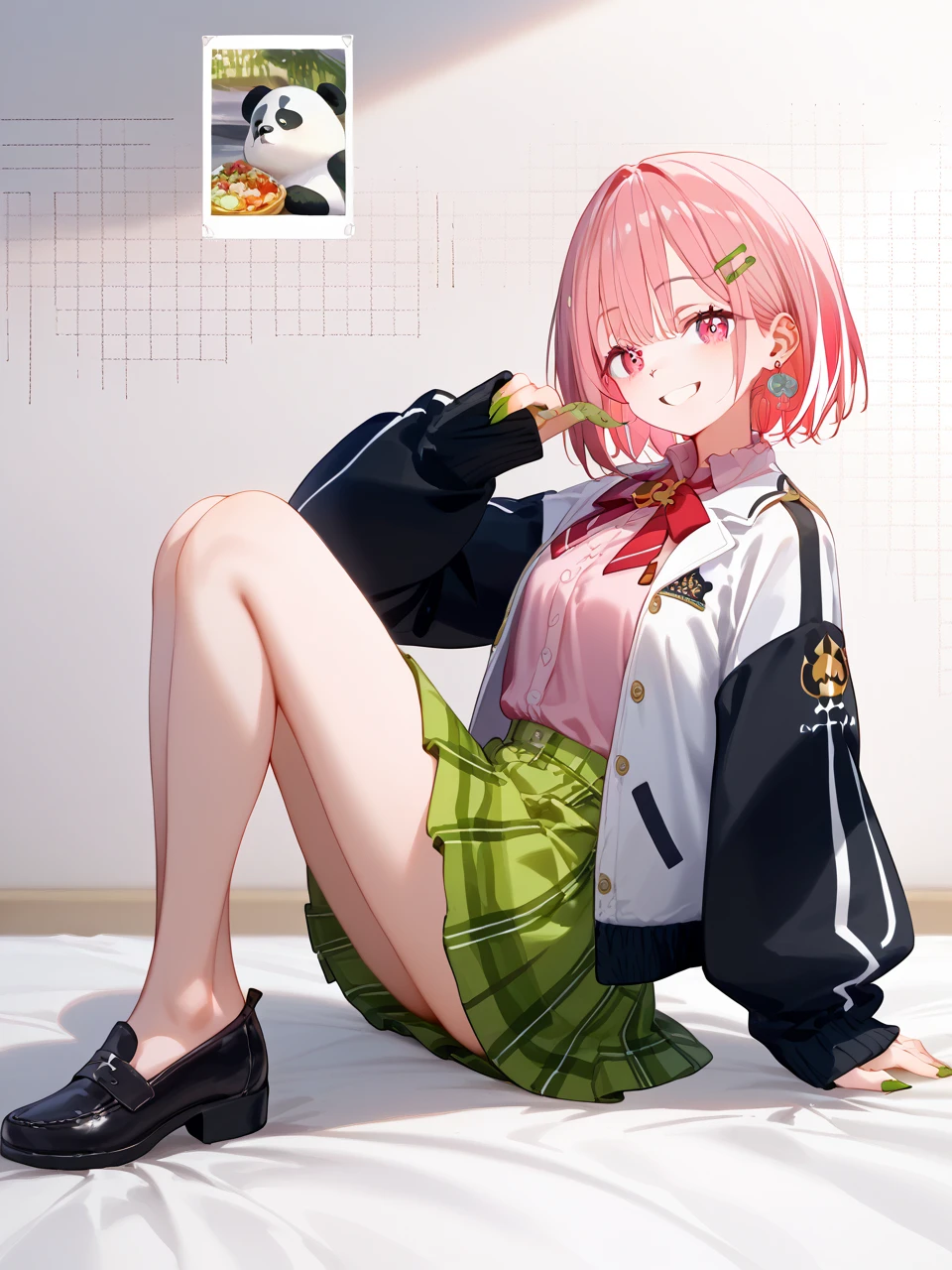            top quality,            top quality,            high quality pictures            ,            masterpiece,                  super high resolution        ,               Detailed Background    ,               absurd,            perfect anatomical performance     ,        good lighting       ,          Photo Gallery        、、SasakiSaku 、  1 girl、   Virtual YouTuber  、   pink hair、Multicolored Hair、   short hair 、 、   pink eye、green claws、   
 hair clip、   earrings、  Animal Food   、Panda food  、Food Up、   Two-tone jacket 、   white jacket、 Black sleeves 、   Long Sleeve   、   colored shirt   、   pink shirt、  red ribbon tie 、   plaid skirt  、   green skirt   、Black Sox、Black shoes、 、  smile、   Hide   、 spray art background
