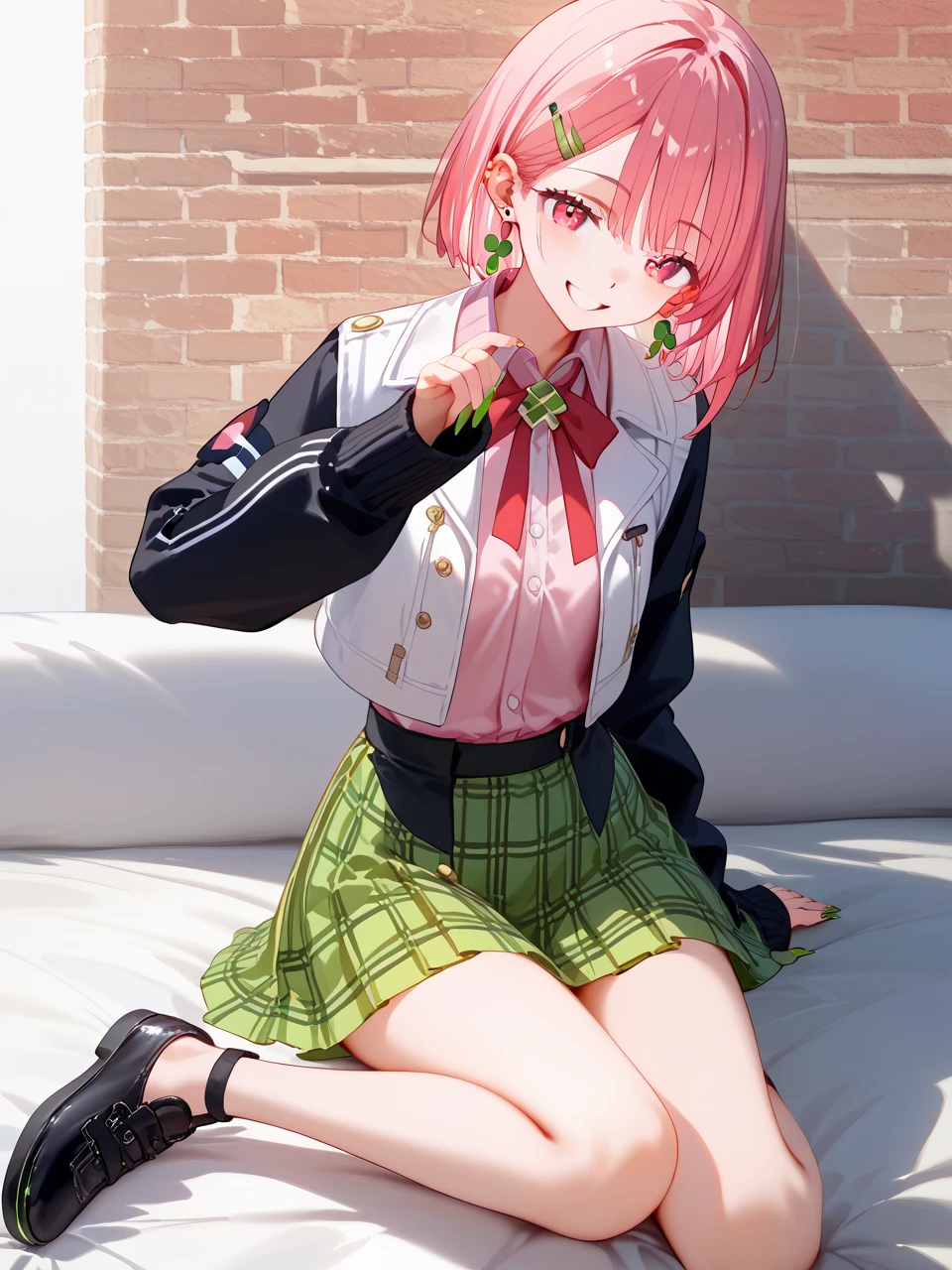            top quality,            top quality,            high quality pictures            ,            masterpiece,                  super high resolution        ,               Detailed Background    ,               absurd,            perfect anatomical performance     ,        good lighting       ,          Photo Gallery        、、SasakiSaku 、  1 girl、   Virtual YouTuber  、   pink hair、Multicolored Hair、   short hair 、 、   pink eye、green claws、   
 hair clip、   earrings、  Animal Food   、Panda food  、Food Up、   Two-tone jacket 、   white jacket、 Black sleeves 、   Long Sleeve   、   colored shirt   、   pink shirt、  red ribbon tie 、   plaid skirt  、   green skirt   、Black Sox、Black shoes、 、  smile、   Hide   、 spray art background
