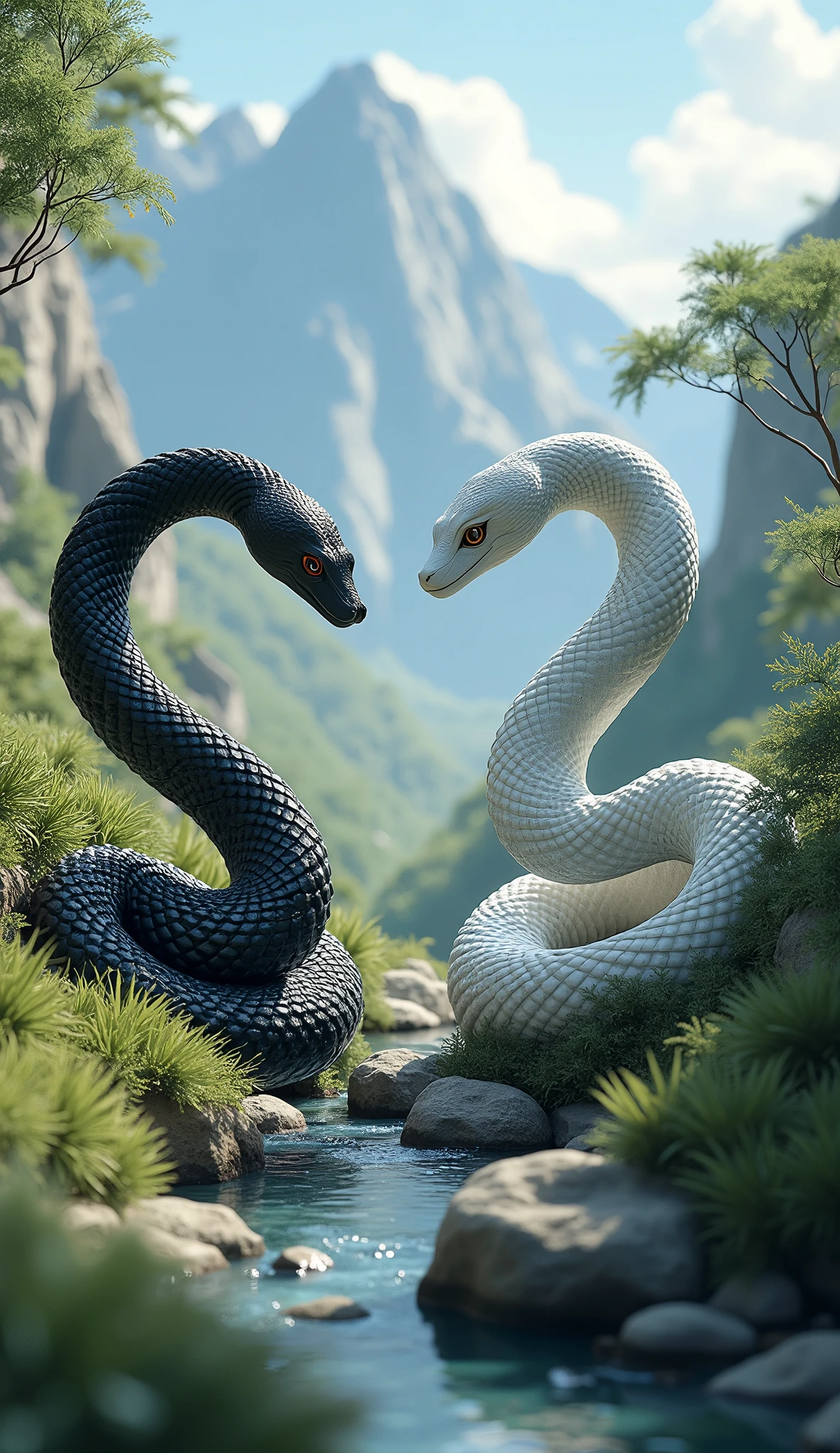 ((masterpiece, top quality, the highest image quality , high resolution, Realistic, original photo, Extremely detailed unified CG 8K wallpaper )), In the valley,There is a black snake in front of ,A white snake