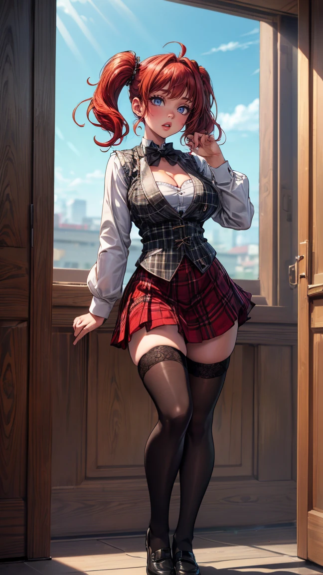 
(large breasts 1.4), beautiful elf woman, ((Short Red Hair: 1.6, straight with shine)), bright blue eyes, bright eyes, double eyelids, light effect on eyes, detailed irises,  sexy curvy body, ((white off the shoulder corset, black and red plaid mini skirt,  black high heels)),  ((work of art, hyper-realistic, hyper detailed, Best quality, 16k, light and shadow on skin, vivid colors), eyeliner, Thin eyebrows, Sensual expression, perfect pouty lips, innocent and sexy mature face, ((skin with light and shadow) flirting with the viewer, lots of freckles, full lips, lips parted, extreme blush, smile, ((Posing Sensually on rooftop)), fingertip resting on lower lip,  late at night, rays of light, masterpiece, wearing glasses