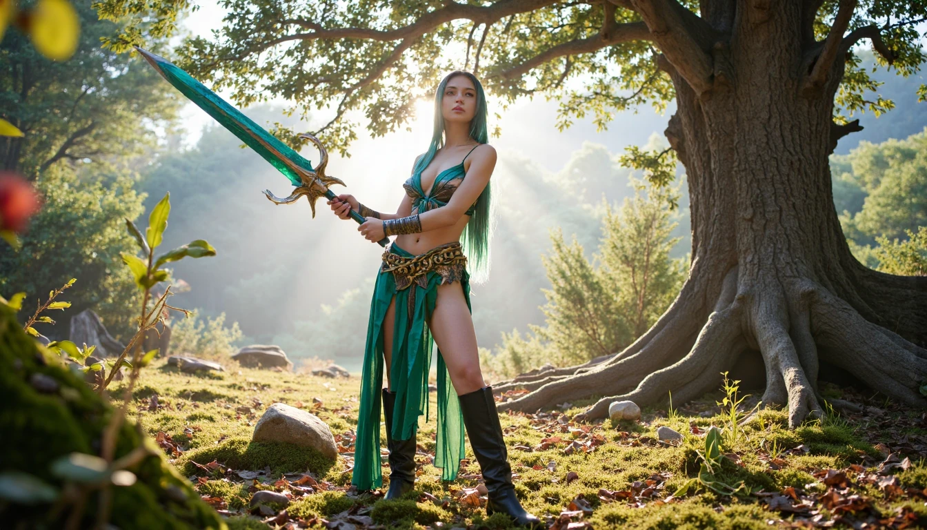 <lora:LCM_LoRA_Weights_SD15:1>,<lora:detail_slider_v4:1.3>,(heroic amazon warrior) 27yo old adult Woman, tiny build, extra long violet updo hair, brazilian, tan skin, green eyes, wearing a warrior headpiece, green woven top, battle kilt, sturdy boots, dark eyeliner, leather armband,hide belt, wielding a sword and a shield set in a tranquil forest clearing, with sunlight filtering through the canopy and a gentle stream flowing nearby, a perfect place for meditation,Cinematic photography, movie mood, cinematic light, compelling composition, storytelling elements, conveys emotion, mood, and narrative depth, creating visually striking images that feel like still frames from a film,