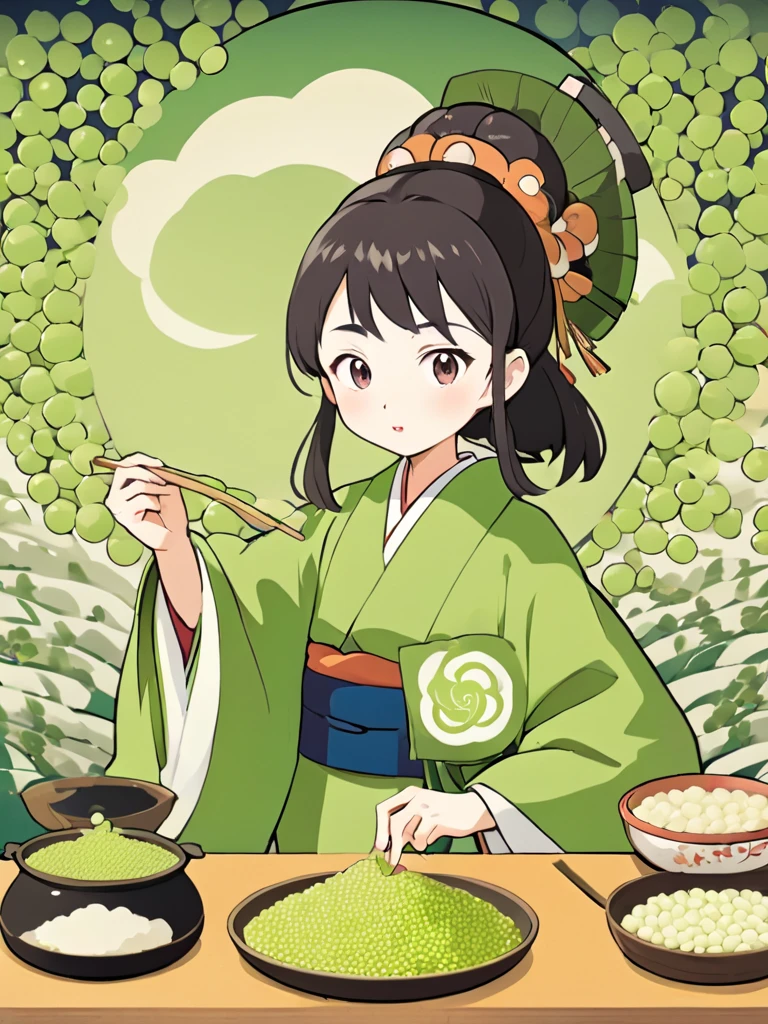 Japanese woman in kimono, witch, cartoon, Mung bean background, round Mung bean on the table, Japanese environment background