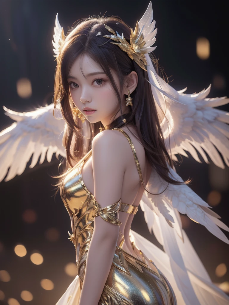 ((masterpiece)), ((best quality)), ((ultra-detailed)), ((an extremely delicate and beautiful)),cinematic light, Create a stunning fantasy artwork that mimics the style of currently trending masters of the genre. The art piece should contain elements of both mythic fantasy and fairytale fantasy with dreamy rainbow accents. ((Utilize the rainbow as the main color scheme.)) The character in the artwork is a delicate but strong figure with an aura of mystery and magic, Pay close attention to intricate facial features, such as mesmerizing eyes with vibrant colors and bold shading,The character's clothing should be designed with gossamer feathers, silk, stunning embroidery, dreamy colors, dynamic lighting,Consider the latest trends in fantasy art, such as incorporating unique lighting effects, exploring dynamic and compelling composition techniques, and experimenting with unique color palettes. Take inspiration from the top artists on ArtStation and Midjourney. Camera: Choose an angle that highlights the character's beauty and enhances the magical majesty of the artwork. Lighting: Utilize atmospheric lighting techniques to create depth and mood. Resolution: Aim for a high-resolution artwork to showcase intricate details and clarity. Art Inspirations: Seek inspiration from the trending artists on ArtStation, exploring different styles, genres, and themes.,The main girl is super beautiful,Are thin,Slim figure,Small Bust,Beautiful long and slender eyes,Korean Beautiful Girl,Genius Ballerina,Angel&#39;s messenger beautiful girl,Slim figure,The best ballerina expression,Eyes that stare intently at the other person,A transparent costume made of vinyl that reveals the flesh,Korean Beautiful Girl,The background is a sunrise or sunset on Earth,Beautiful Eyes,The belly button is exposed,Staring straight ahead,Eyes that look sincerely at the other person with love and enthusiasm,