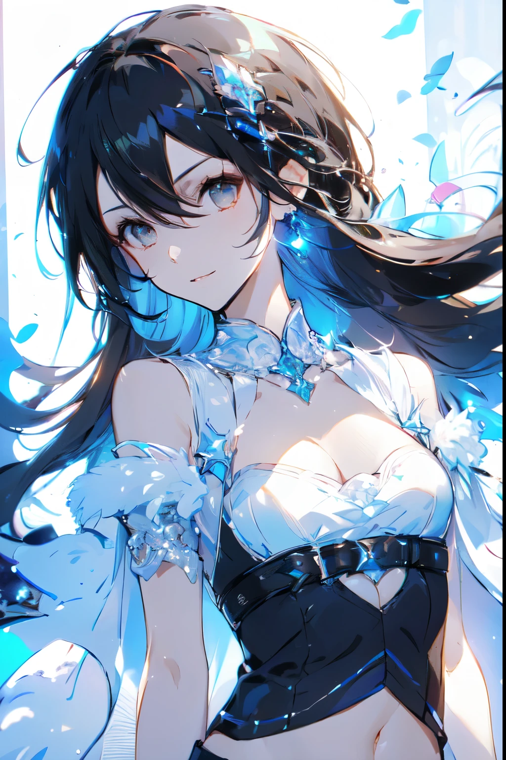 are of the best quality, high resolution,、 Brown Eyes 、High Aims、 Black Hair、( long hair:1.3), Straight Hair 、7 Really Small 、Navel、 White Short Sleeve Tee
Ong hair,Female Kirito , big breasts (d), Chest,