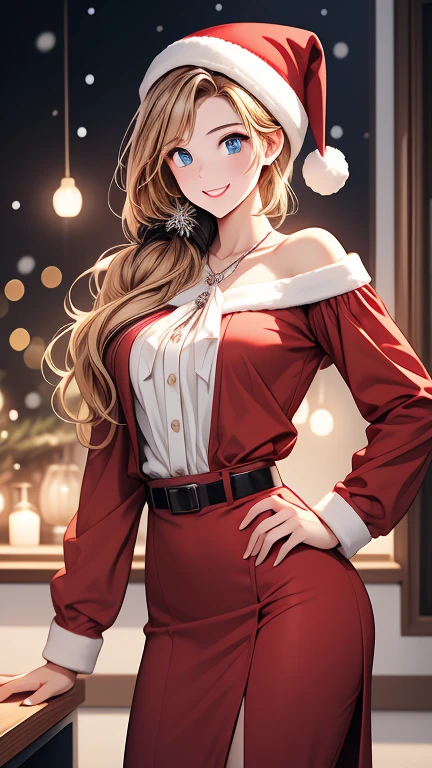  Christmas winter scenery   ，   christmas illustration，masterpiece、   high definition     ，  top quality， 8ｋ，Detailed explanation  ， extremely detailed face， cute face,  beautiful face，  beautiful womanの一人  、２9 years old、  school teacher    、 blonde alone   、  blue eyes、  sexy Santa Claus costume、    school classroom、    happy face 、    blackboard    、smile、((   cowboy shot leading to the climax ))、((   beautiful woman))