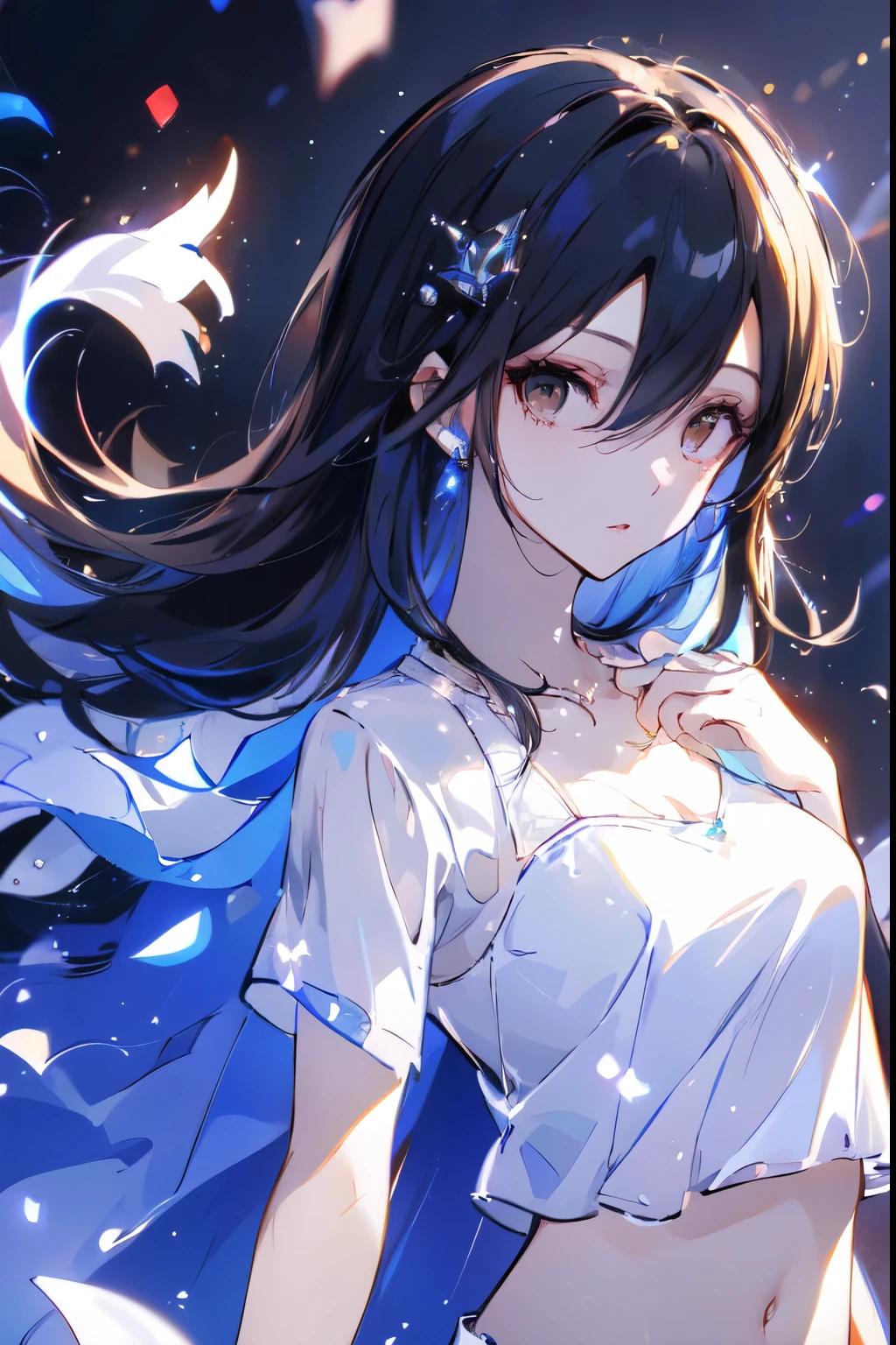   are of the best quality,   high resolution,、  Brown Eyes  、High Aims、 Black Hair、( long hair:1.3),  Straight Hair  、7 Really Small  、Navel、  White Short Sleeve Tee
Ong hair，Female Kirito  ， big breasts (d), Chest, 
