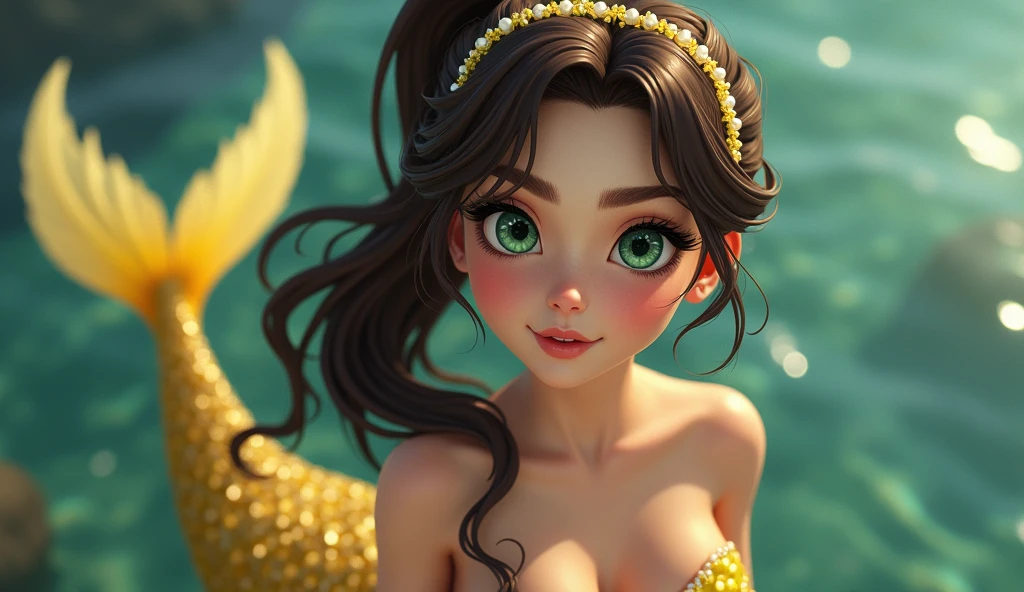 A brown, brunette mermaid, with 3D curly hair, medium hair below the shoulder, striking eyes, dark brown eyes, light navy blue shiny tail. all realistic image