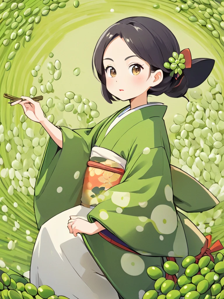 Japanese woman in kimono, witch, cartoon, Mung bean background, round Mung bean, Japanese environment background