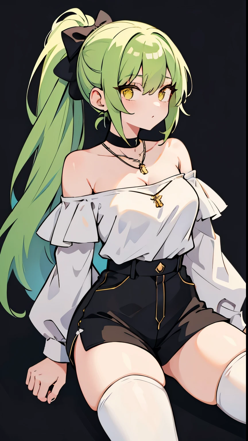 "Anime-style young girl with long green hair tied in a high ponytail, wearing a white off-shoulder blouse with black straps, black high-waisted shorts, and white thigh-high stockings. She has yellow eyes and is wearing black sneakers with green accents. Accessories include a black choker and a necklace with a pendant. ”