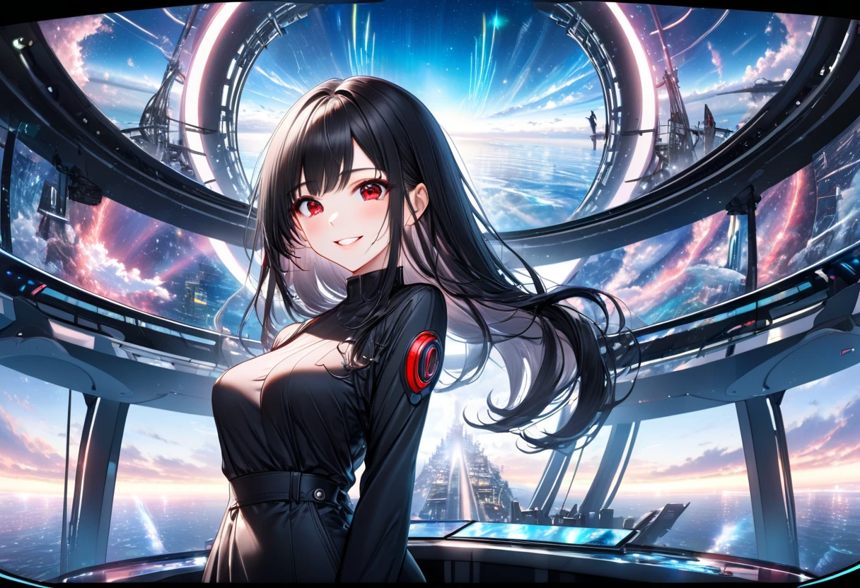 Highest quality、Highest quality、Masterpiece、girl((half、18-year-old、as soon as、Highest Bust、Medium Bust、Wide open chest、Red glowing eyes、Black Ear、Red Mesh、Disheveled Hair、Loincloth、thin、The best valley、Open chest、hair ornaments、Full body view、Black Suit、Random Pause、smile、headphone))、high quality、Beautiful Art、background((Collapsing Ground、no gravity、Floating Object、City of night、shooting star、universe))、flight、Flying Debris、Depth of text、movie、Visual Arts、Perfect Art、8K、Genuine、Special Angles