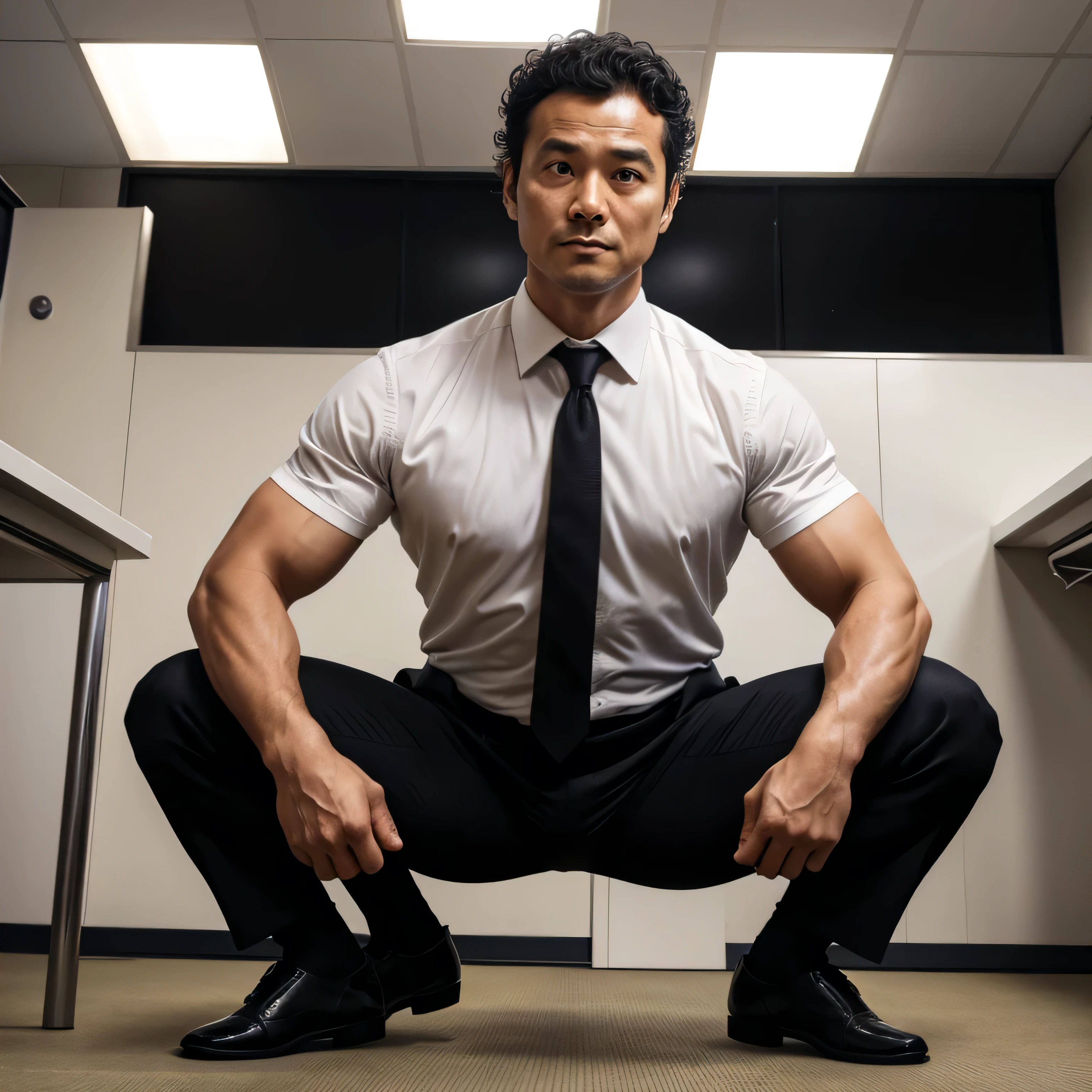 50yearsold，Hidetoshi Nakata，（Kogoro Mouri 1.3），Shirtless，Tong，Bulge，office room，black long socks，Thin，musculature，lbeard，fortitude，artwork of a，tmasterpiece，k hd，ssmile，wearing a tights，Business suit，Kneeling