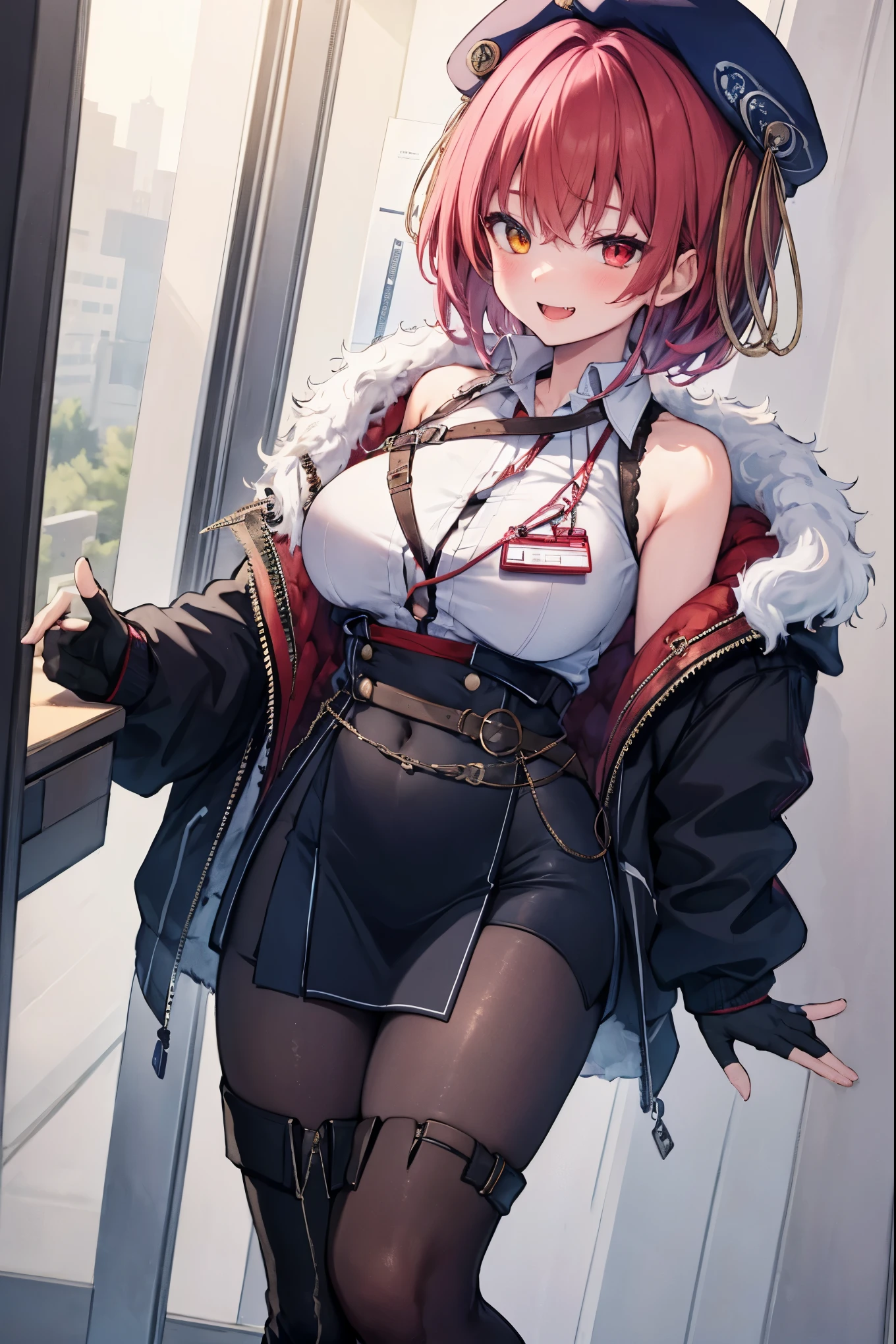 ((Masterpiece)), (Best Quality), marine_beret, Collared_White_Shirt, Sleeveless, High-waisted Skirt, Pantyhose, Blue Jacket, Fur Embellishment, Fingerless Gloves, ID Card, Solo,marine_officer,, black pantyhose, black gloves, thigh boots, beret,houshou_marine,heterochromia, red eyes, orange eyes,open_mouth,big_smile,evil_smile,fang,large_breasts,,office_landscape,red_short_hair,(plump:0.7),open_mouth,tongue, slouch,pov,grin,evil,