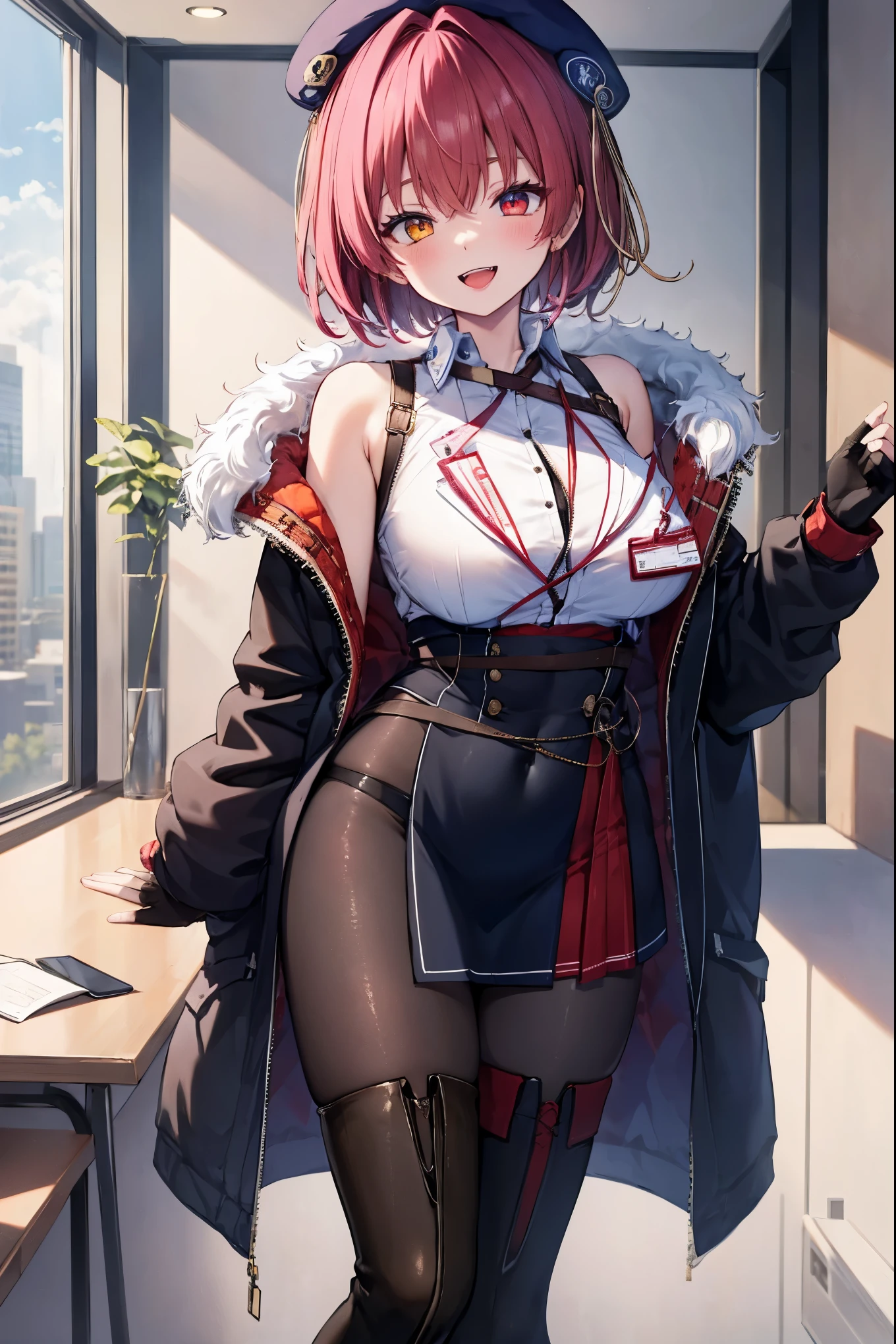 ((Masterpiece)), (Best Quality), marine_beret, Collared_White_Shirt, Sleeveless, High-waisted Skirt, Pantyhose, Blue Jacket, Fur Embellishment, Fingerless Gloves, ID Card, Solo,marine_officer,, black pantyhose, black gloves, thigh boots, beret,houshou_marine,heterochromia, red eyes, orange eyes,open_mouth,big_smile,evil_smile,fang,large_breasts,,office_landscape,red_short_hair,(plump:0.7),open_mouth,tongue, slouch,pov,grin,evil,