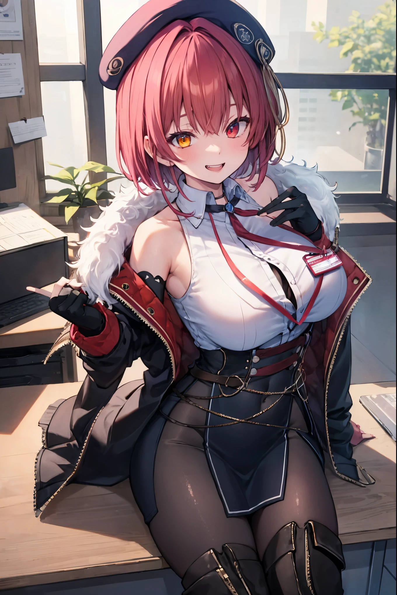 ((Masterpiece)), (Best Quality), marine_beret, Collared_White_Shirt, Sleeveless, High-waisted Skirt, Pantyhose, Blue Jacket, Fur Embellishment, Fingerless Gloves, ID Card, Solo,marine_officer,, black pantyhose, black gloves, thigh boots, beret,houshou_marine,heterochromia, red eyes, orange eyes,open_mouth,big_smile,evil_smile,fang,large_breasts,,office_landscape,red_short_hair,(plump:0.7),open_mouth,tongue, slouch,pov,grin,evil,