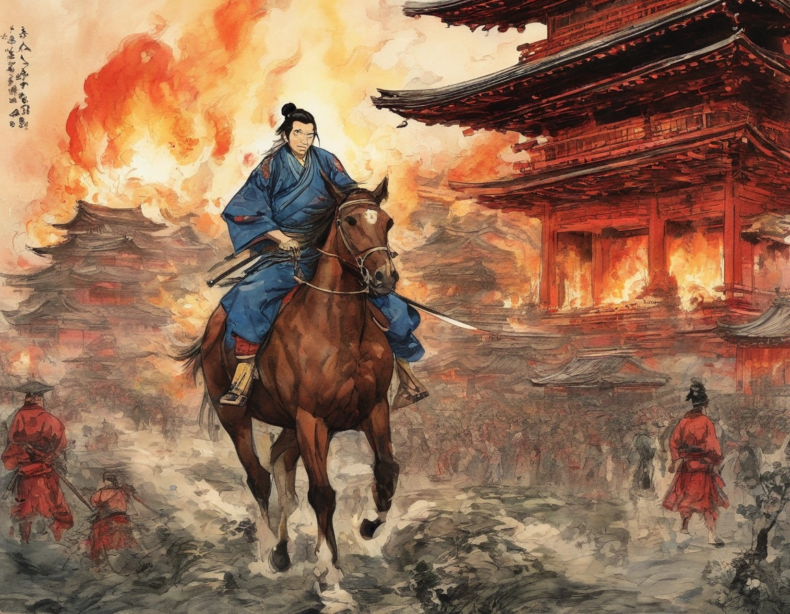 One samurai on horseback 、( Rear view of a general wearing a helmet on a horse staring at the temple)、Japanese Samurai、 samurai surround the burning temple at midnight 、(( samurai surrounding the burning temple ))、One samurai on horseback 、 one samurai staring at the temple 、The Honnoji Incident、small temple、 Clear Images ,  Clear Images ,  Clear Images ,  vivid images, Noise-free images、Detailed body,  detailed hair, Detailed Eyes with Detailed Faces  ,Extremely detailed backgrounds