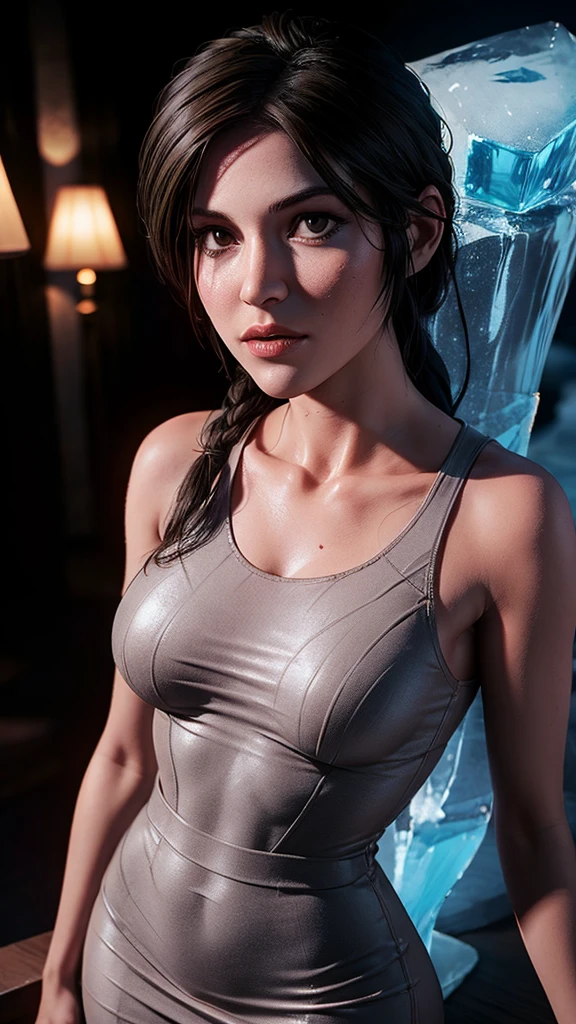 Lara Croft, fit body, (((short dress))), thighs, photorealistic, masterpiece, realistic, realism, photorealism, high contrast, photorealistic, 8k HD high definition detailed realistic, detailed, skin texture, hyper detailed, realistic skin texture, best quality, (photorealistic:1.4), high resolution, detailed, raw photo, photo realistic, (high detailed skin:1.2), 8k uhd, dslr, soft lighting, high quality, film grain, Fujifilm XT3), hyper realistic lifelike texture dramatic lighting unreal engine, even, neutral light, key light, bold, bright colours, (((ice hotel, ice bar))), mature woman, classy