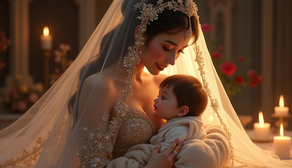 ((best quality)), ((Meisterwerk)), (detailed), perfektes GesichtCreate a masterful Meisterwerk ,sanfte Beleuchtung, Meisterwerk, best quality, 8k uhd, dslr, Filmkorn, fotorealistische Malerei Fujifilm XT a celestial fairytale queen of unattainable beauty and grace wearing an ethereal, all-white, luminous, sparkling flawless, floating, billowing, floor-length, flowing gown made out of liquid stardust and moonbeams, with her mortal teen aged daughter receiving a kiss from her mother with passion and wonder as the queen illuminates her vicinity with her radiance brilliance splendor