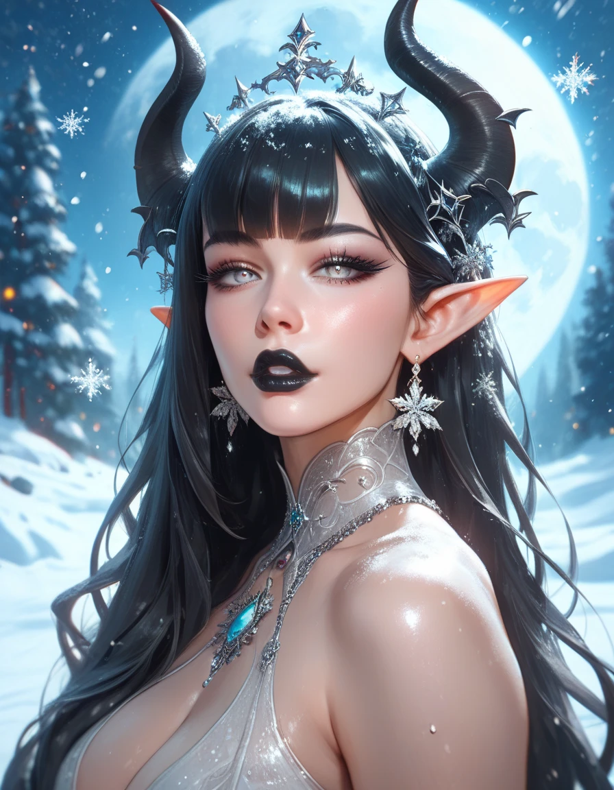 ((Masterpiece)), ((highres)), a beautifully detailed woman withe white demon horns, white demon tail, pale skin almost grey, defined eyes, grey iris, dark eye shadow, long eyelashes, elf ears, defined lips, black lipstick, long black hair, hourglass body, big butt, black clothing, snow around her, full moon background, yule asthetic, snowflakes falling