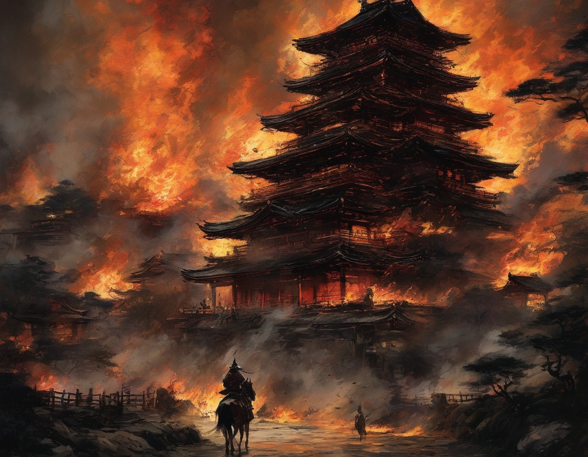 One samurai on horseback 、( Rear view of a general wearing a helmet staring at the temple from above)、Japanese Samurai、 samurai surround the burning temple at midnight 、(( samurai surrounding the burning temple ))、One samurai on horseback 、 one samurai staring at the temple 、The Honnoji Incident、small temple、 Clear Images ,  Clear Images ,  Clear Images ,  vivid images, Noise-free images、Detailed body,  detailed hair, Detailed Eyes with Detailed Faces  ,Extremely detailed backgrounds