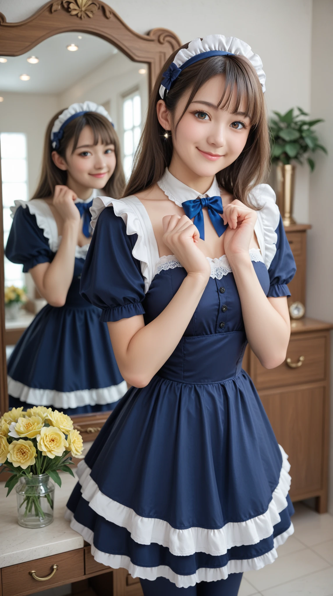 ((Real Photo Quality))、((masterpiece)), ((highest quality、Ultra high definition)), (Very detailed),8K、Photo quality、(((Amazingly cute girl))), 16-year-old girl, (Beautiful emerald blue eyes), (smile),Glossy lips、In the open-air bath overlooking the sea, Beautifully arranged black hair in twin tails、Lace fabric ribbon、whole body、((Super high-end white see-through summer gothic lolita maid costume、A super mini skirt with lots of frills))、Professional Lighting、(White lace knee-highore detailed and beautiful)、(More details and cutenesore realistic)、