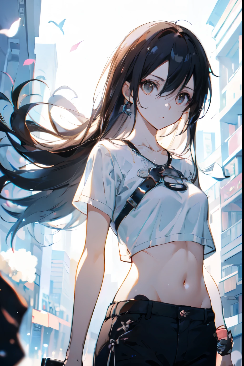   are of the best quality,   high resolution,、  Brown Eyes  、High Aims、 Black Hair、( long hair:1.3),  Straight Hair  、7 Really Small  、Navel、  White Short Sleeve Tee
Ong hair，Female Kirito  ， big breasts (d), Chest, 