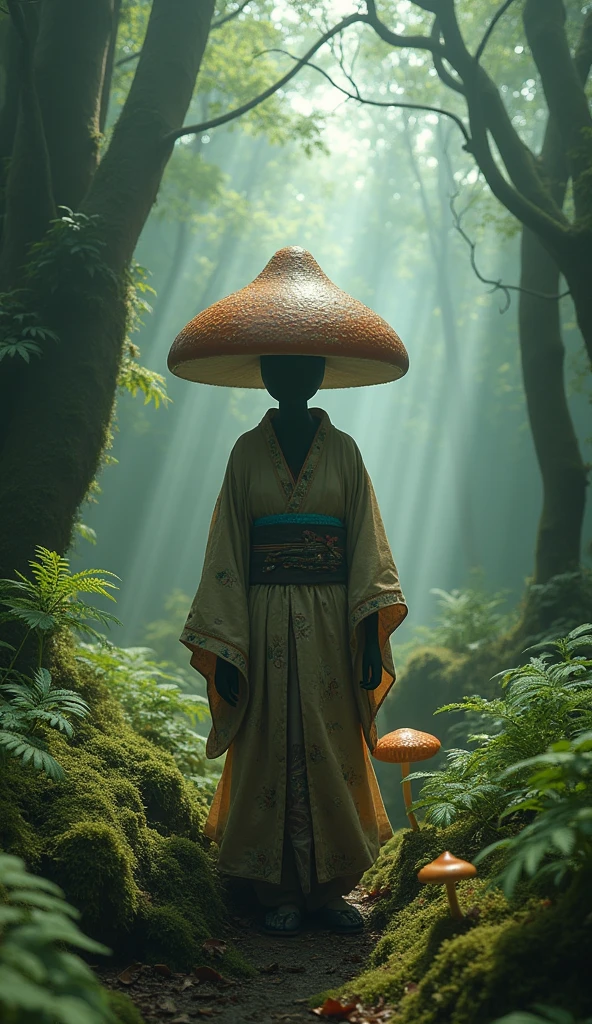 1girl, young, beautiful, OverallDetail, photo, perfect, Enchanted forest with glowing mushrooms and fairy lights, Frayed haori and matching hakama, Melancholic expression