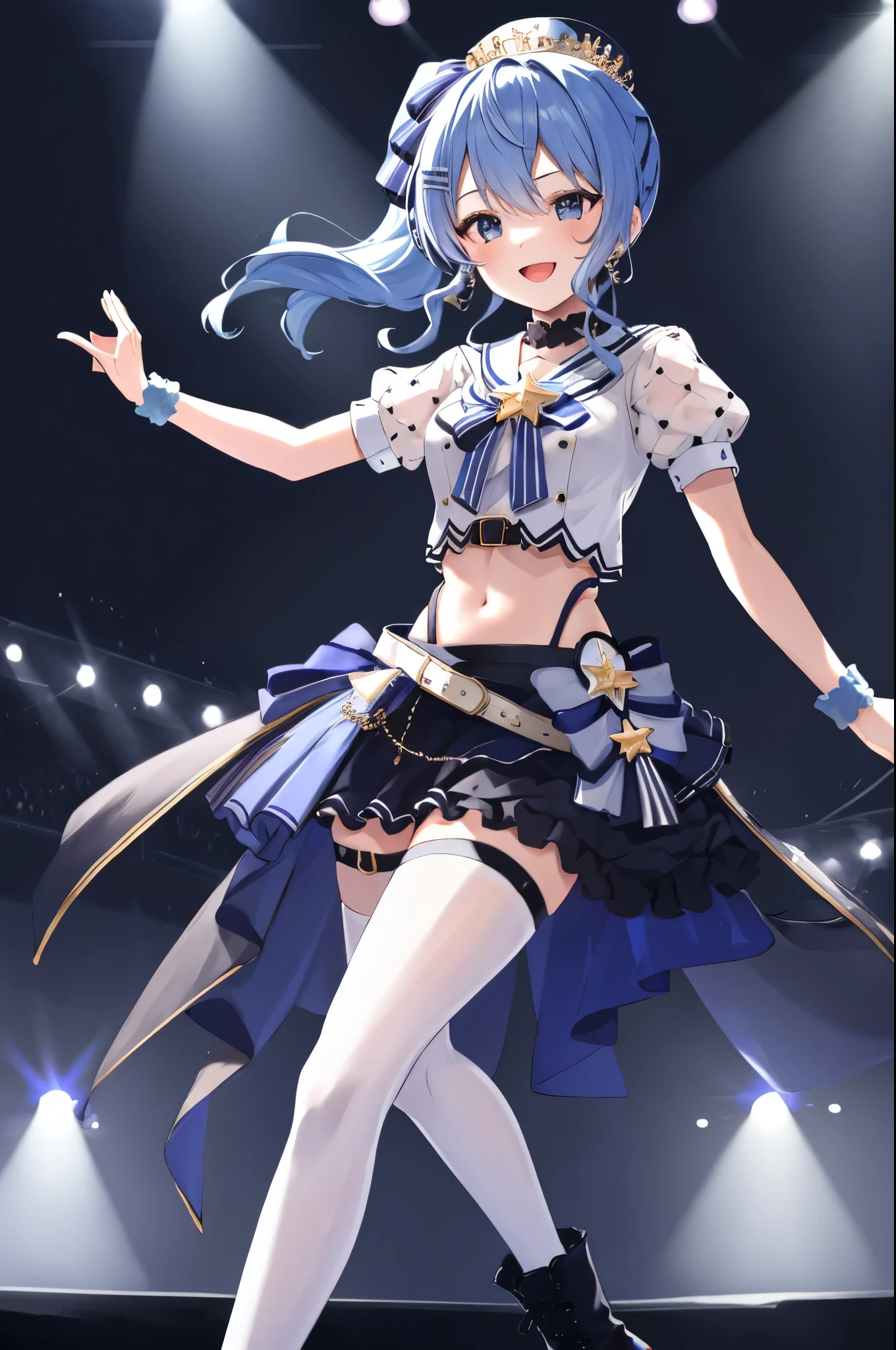 masterpiece, best quality, integrated scenery, integrated background, extremely delicate and beautiful, meticulous details, good composition, , cute face, perfect face, perfect hands, best quality, absurdres, 1teen_girl, solo, Hoshimachi Suisei, light blue hair, blue eyes, happy, big_smile, parted lips, sidelocks, ponytail, toned,
idol, idol clothes, hololive idol uniform, bowtie, blue skirt, brooch, dress, concert, on stage, frilled skirt, jewelry, layered dress, short sleeves, tiara, midriff, thighhighs(shout:1.3),.(open_mouth:1.3),singing,glare, idle_live,audience_landscape,boots,happy,joyfull,:D