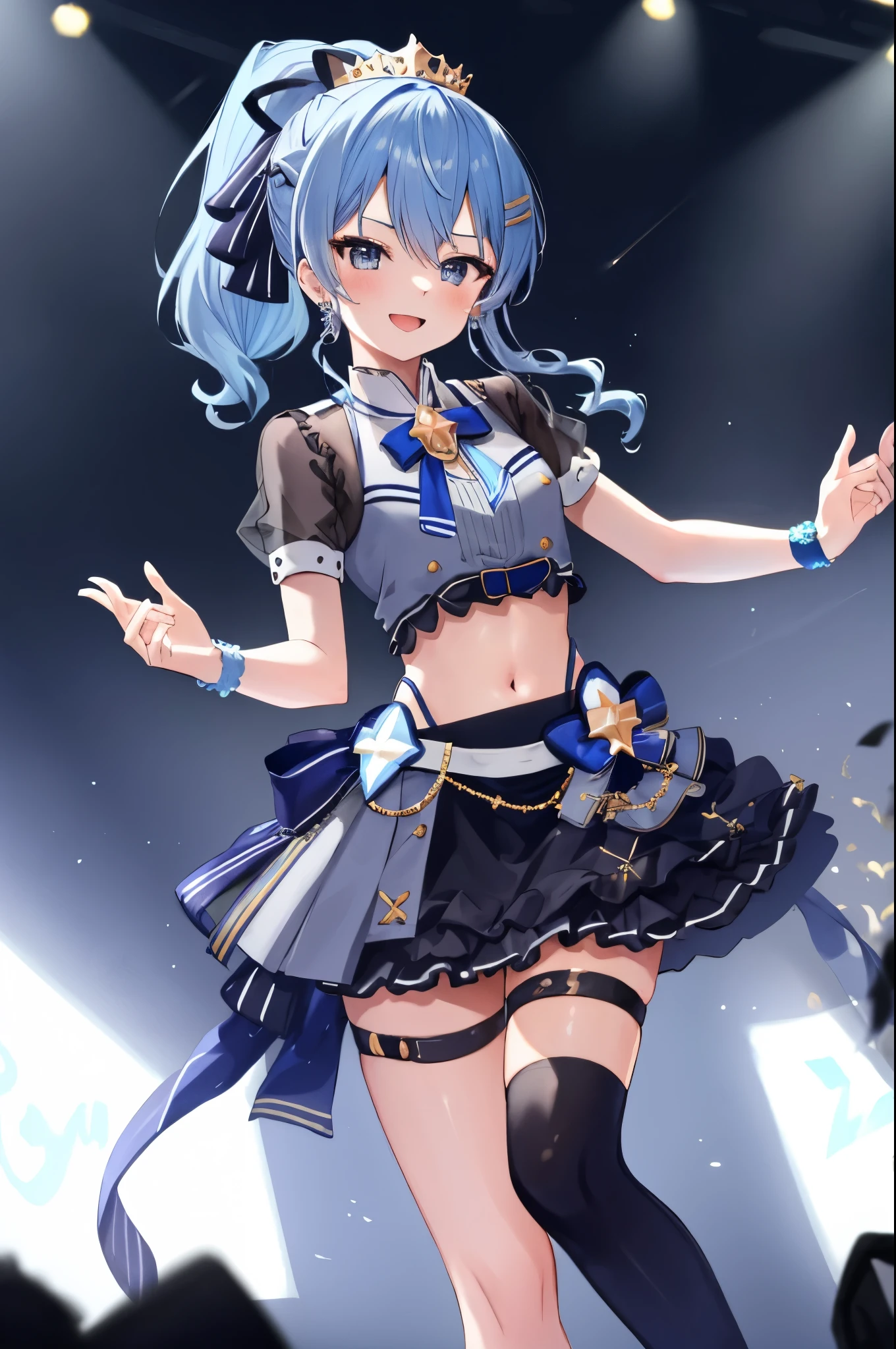 (short cute girl,small young student,young delicate girl),(masterpiece,Top quality),Crop Top Look,No sleeve,Light blue skirt,Black Hair