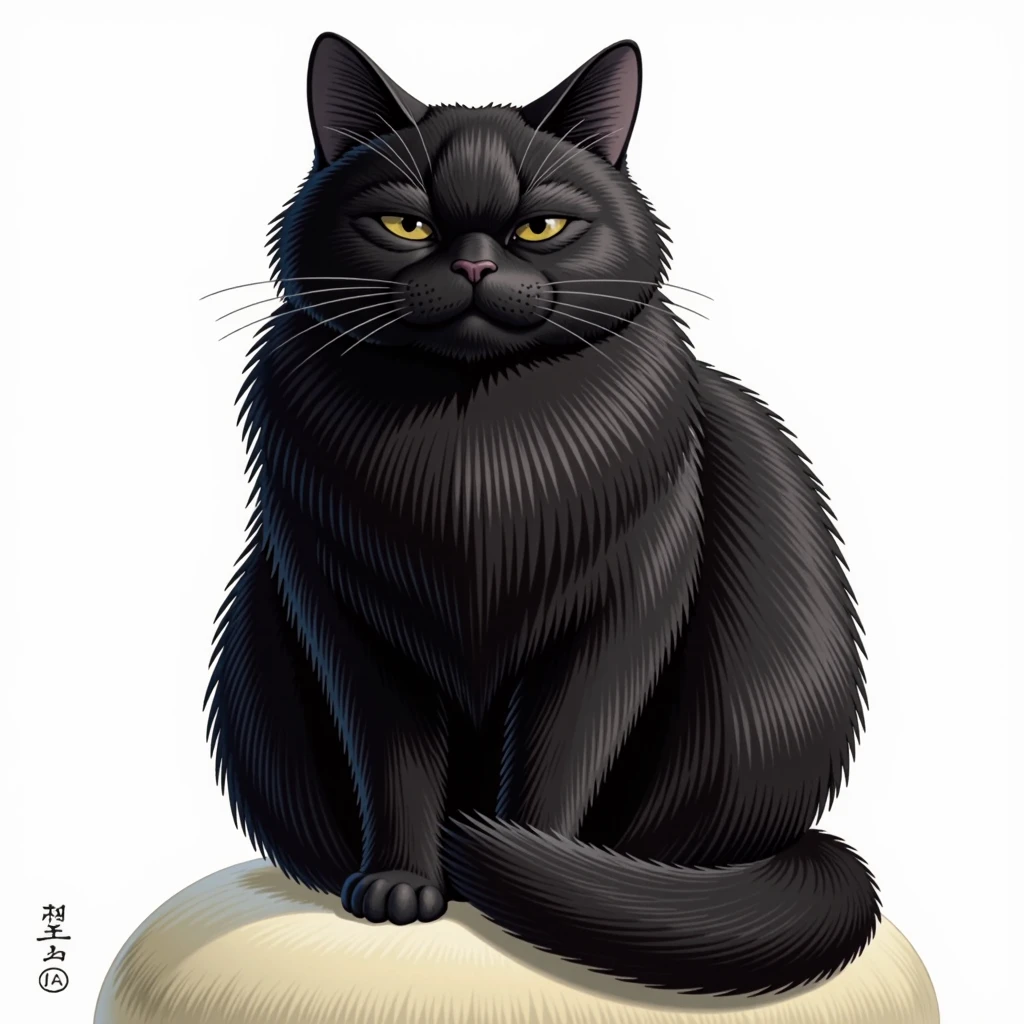 Watercolor painting illustration, full body, A big-black-cat are sitting in a sphinx position on cushion, A big-black-cat is 1cat\(A fat furry male black cat, His Ears tilted back and spread out to the sides, drooping ears, Slit yellow eyes, slit eyes, slit yellow eyes, almost closed eyes, sleepy\), simple white background